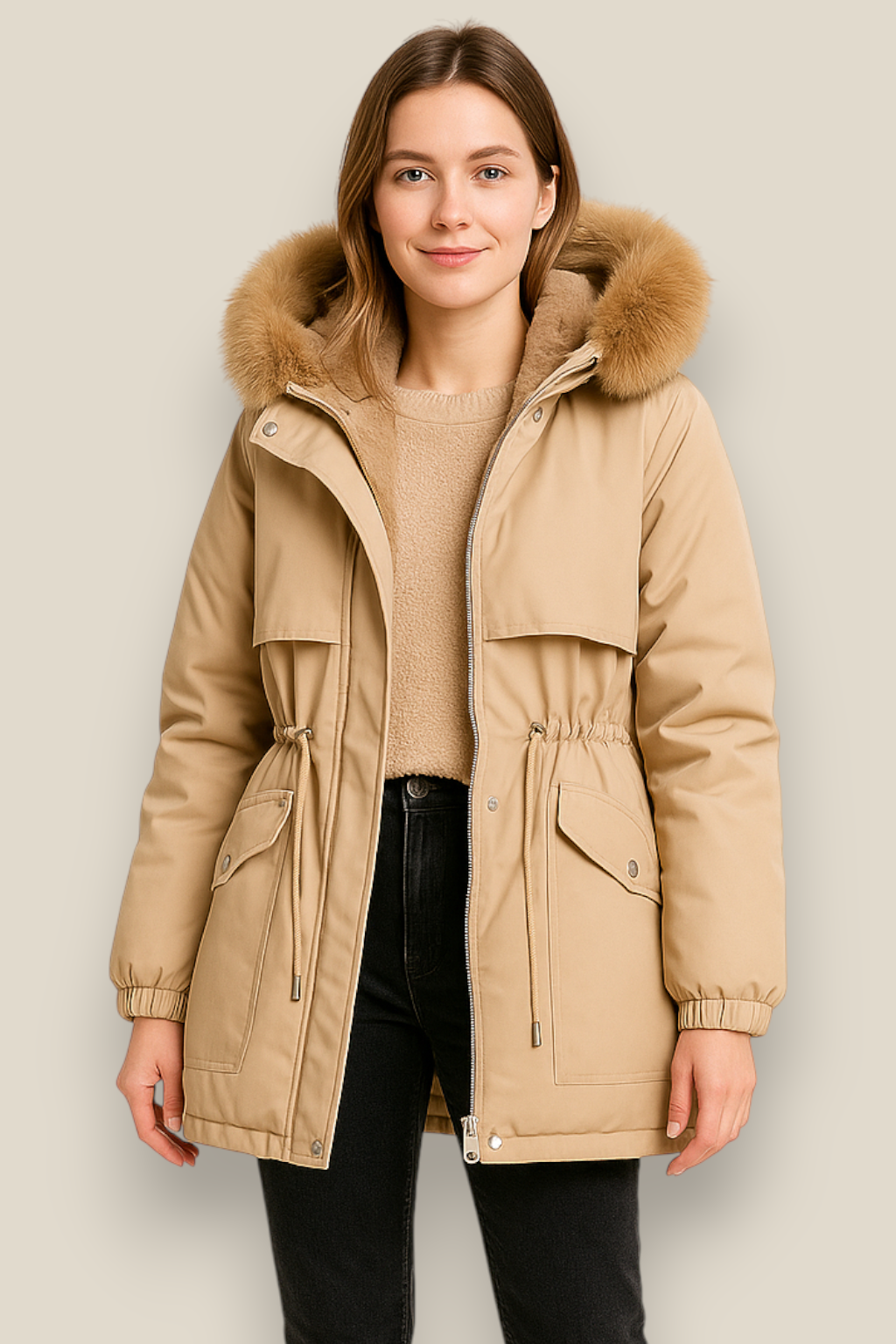Women’s Fleece Hooded Down Jacket, Warm Winter Parka Coat
