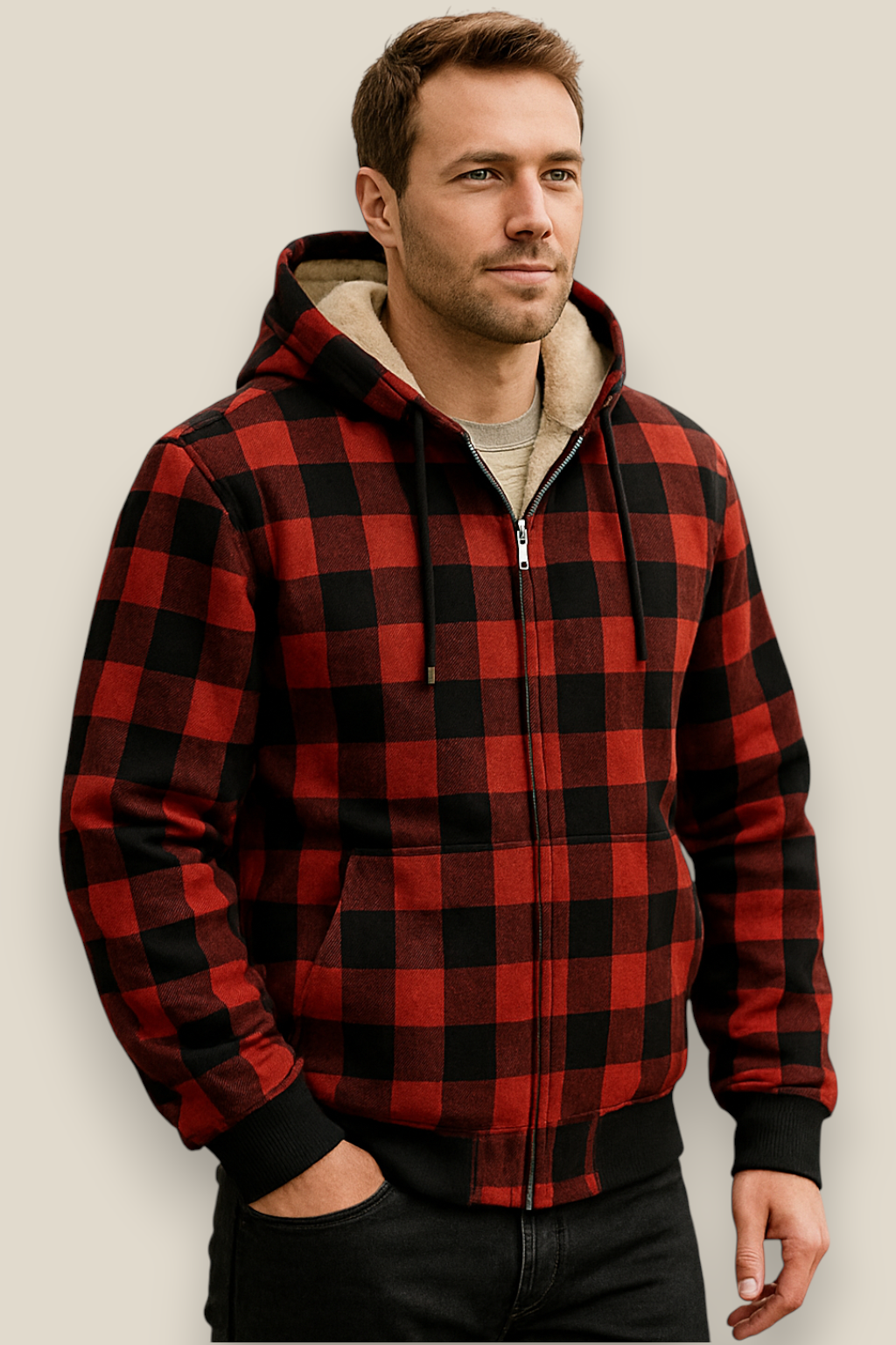 Men’s Lambswool Hooded Jacket - Checked Fleece Zip Up Cardigan