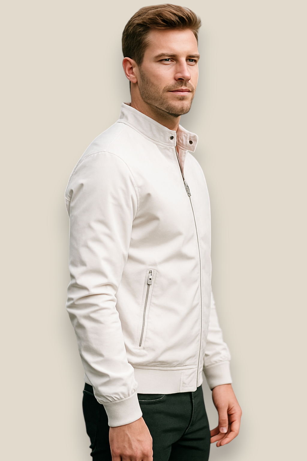 Men’s Winter Bomber Jacket, Solid Stand Collar Windbreaker, Slim Fit Casual Coat