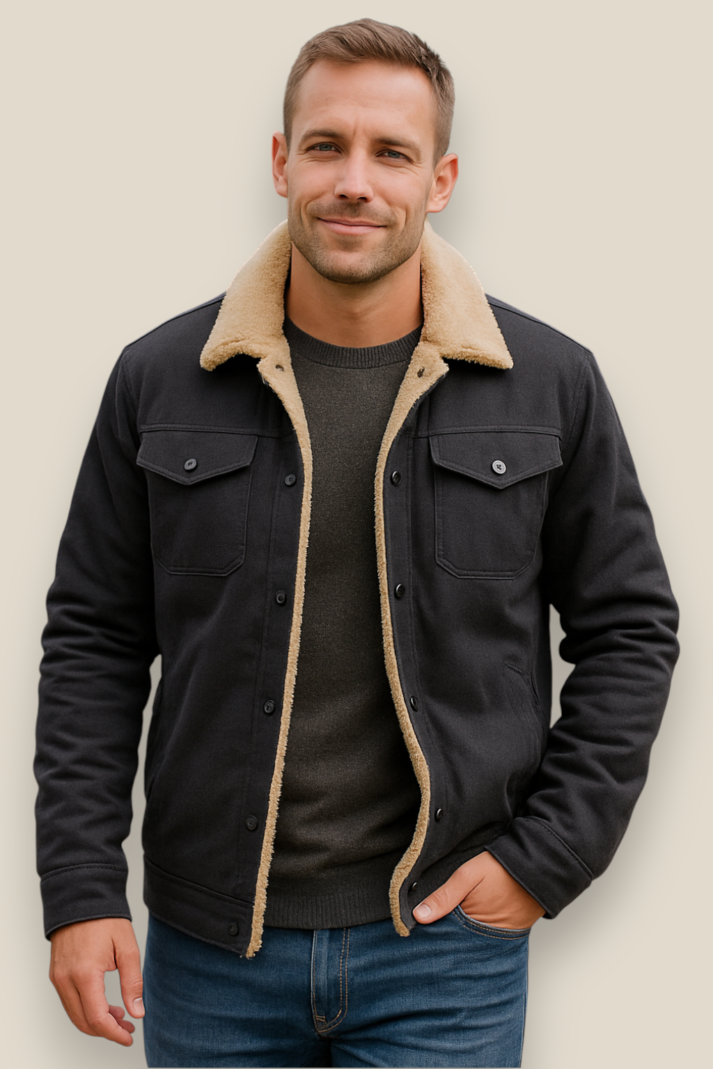 Men’s Winter Fleece Lined Jacket, Thick Warm Plush Coat, Casual Winter Outerwear