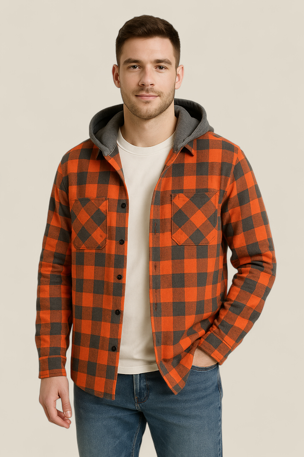 Men’s Hooded Flannel Shirt - Classic Plaid Long Sleeve Button Down Jacket