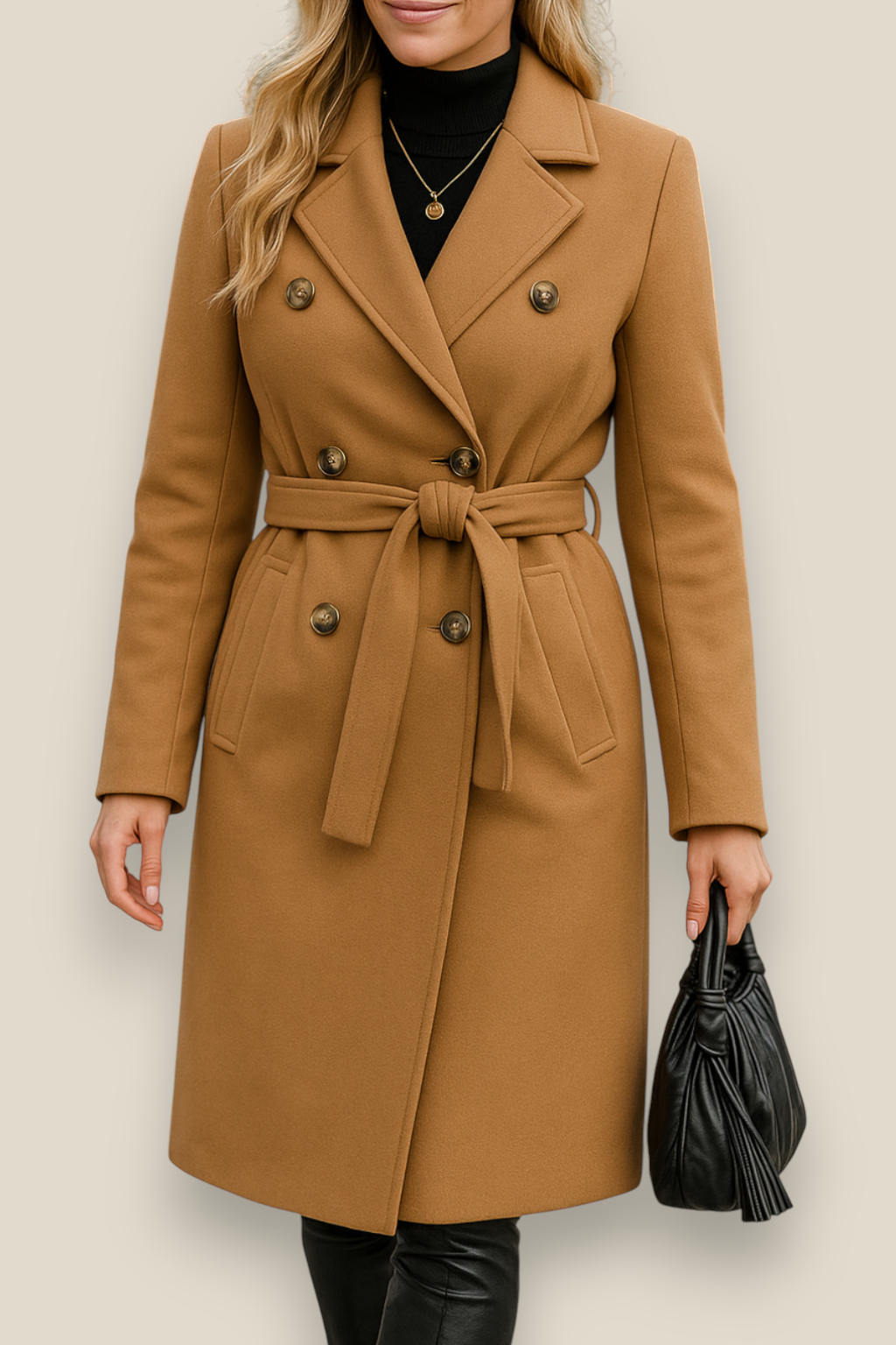 Women’s Belted Wool Coat - Double Breasted Elegant Long Sleeve Jacket