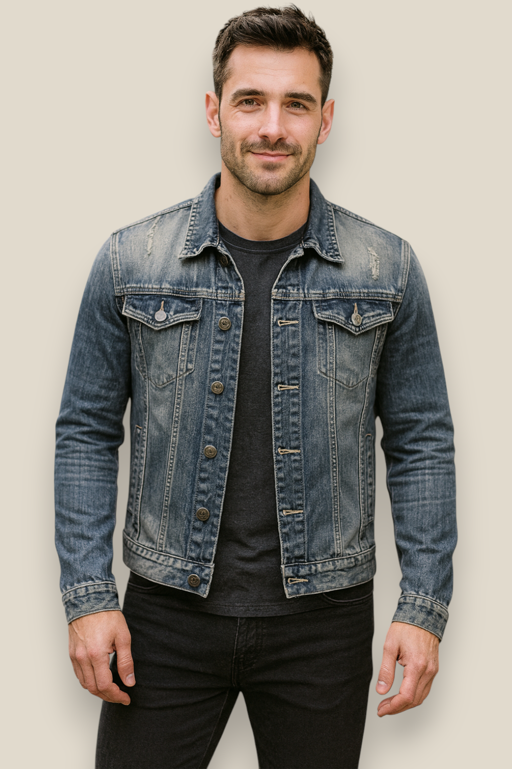 Men’s Slim Fit Denim Jacket, Collared Biker Style Coat, Casual Outerwear