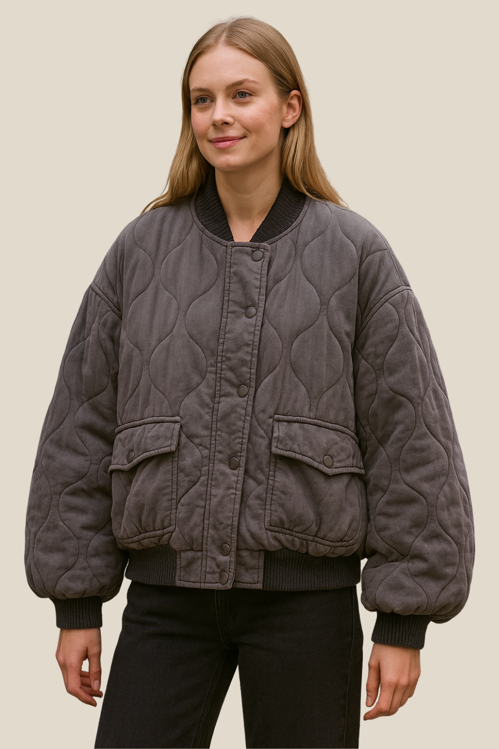 Women’s Quilted Bomber Jacket, Casual Warm Padded Winter Coat Long Sleeve With Zip