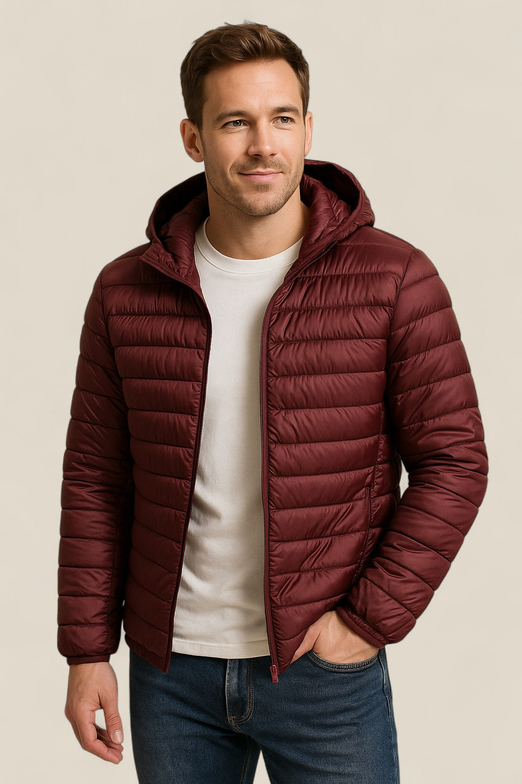 Men’s Lightweight Down Jacket, Slim Fit Hooded Puffer Coat