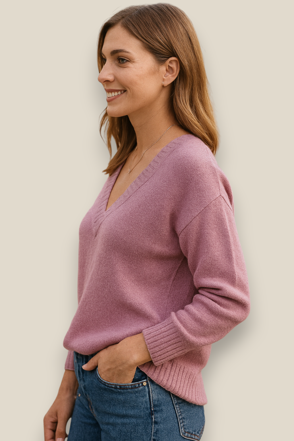 Women’s Casual Knit Jumper, Long Sleeve Winter V-Neck Sweatshirt