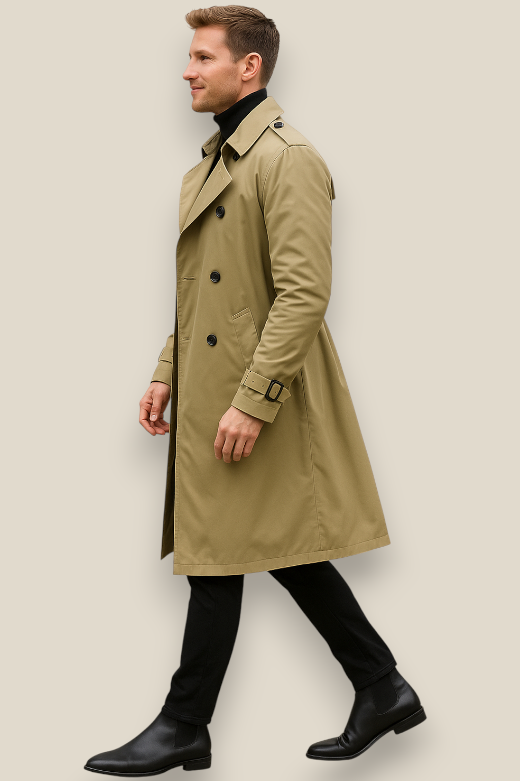Men’s Long Trench Coat, Classic Belted Windbreaker, Warm Winter Jacket