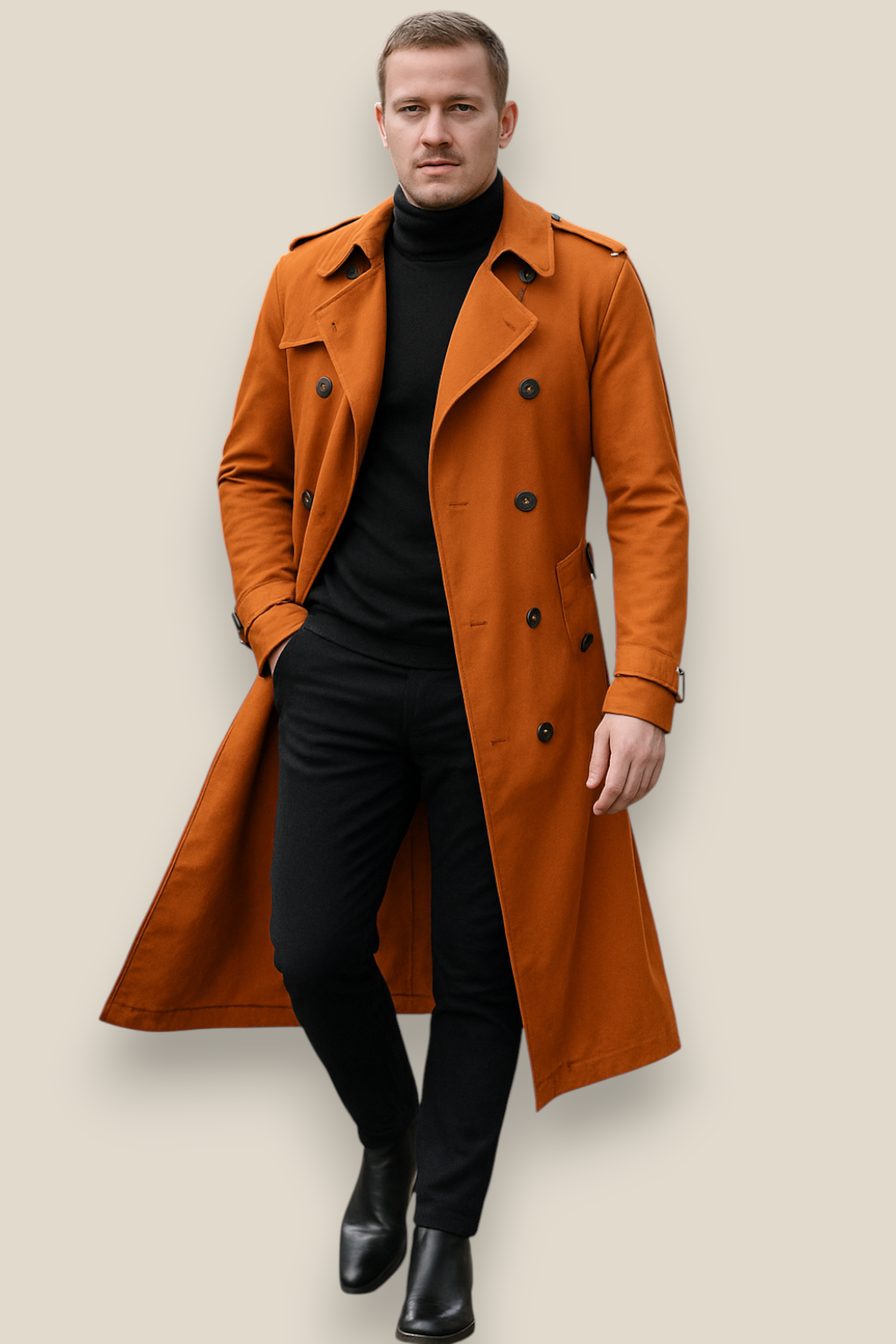 Men’s Long Trench Coat - Vintage Styled Overcoat Jacket