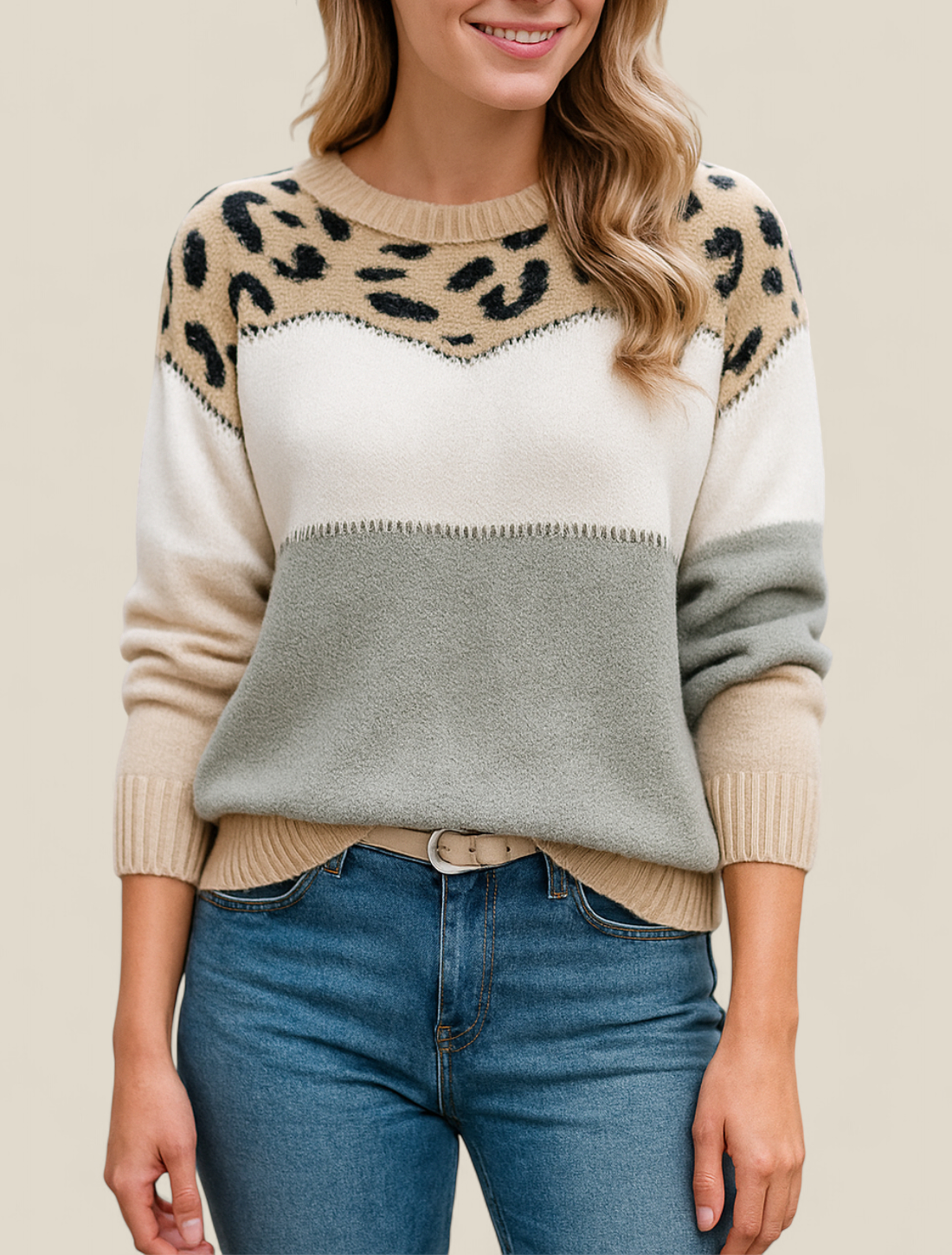 Women’s Leopard Print Jumper - Contrasting Colour Knit Winter Sweater