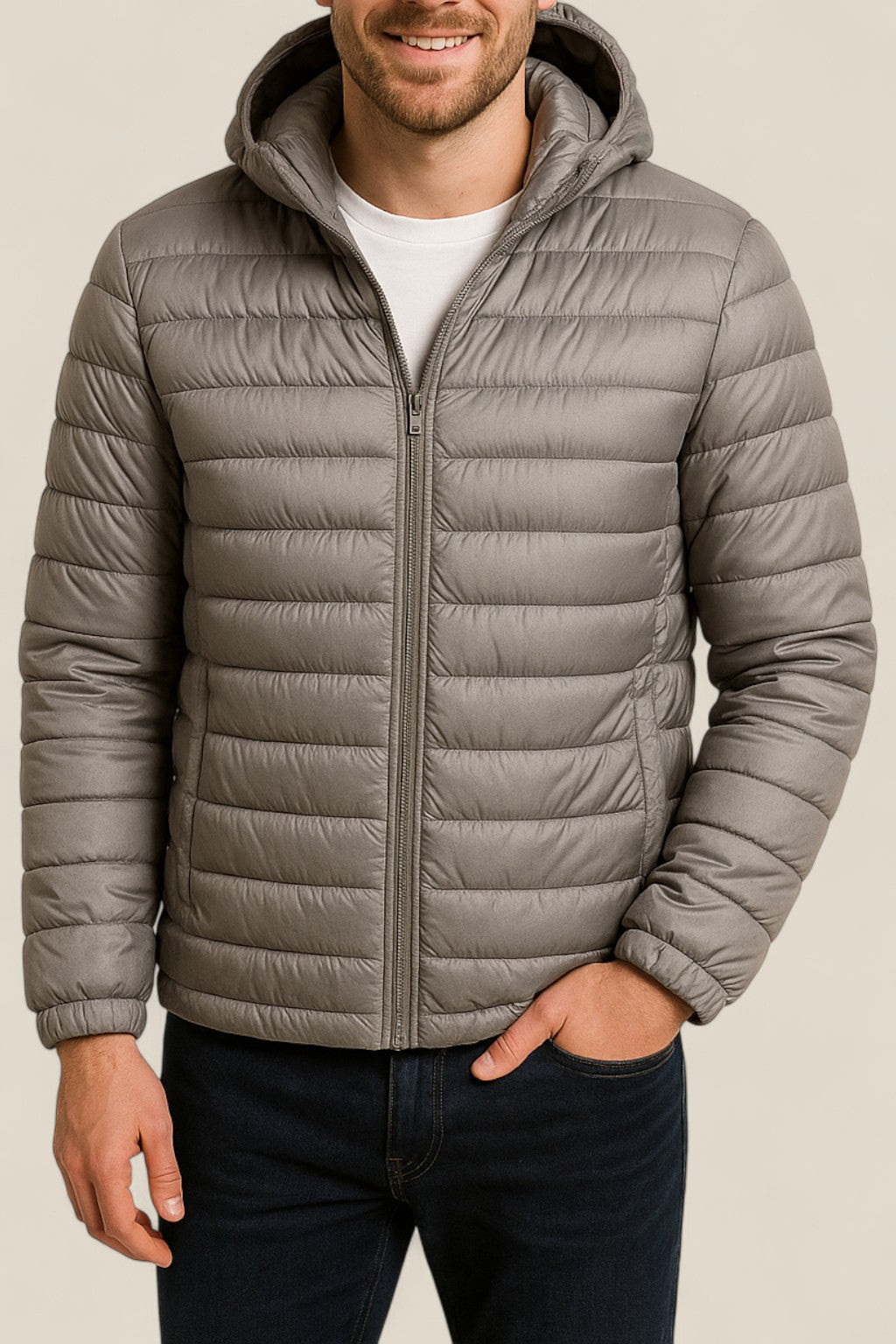 Men’s Lightweight Down Jacket, Slim Fit Hooded Puffer Coat