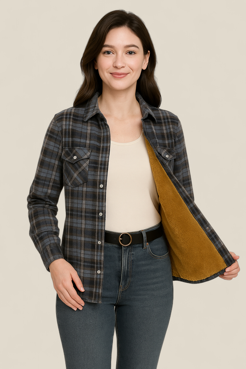 Women’s Plaid Shirt Jacket - Elegant Fleece Winter Slim Fit Blouse