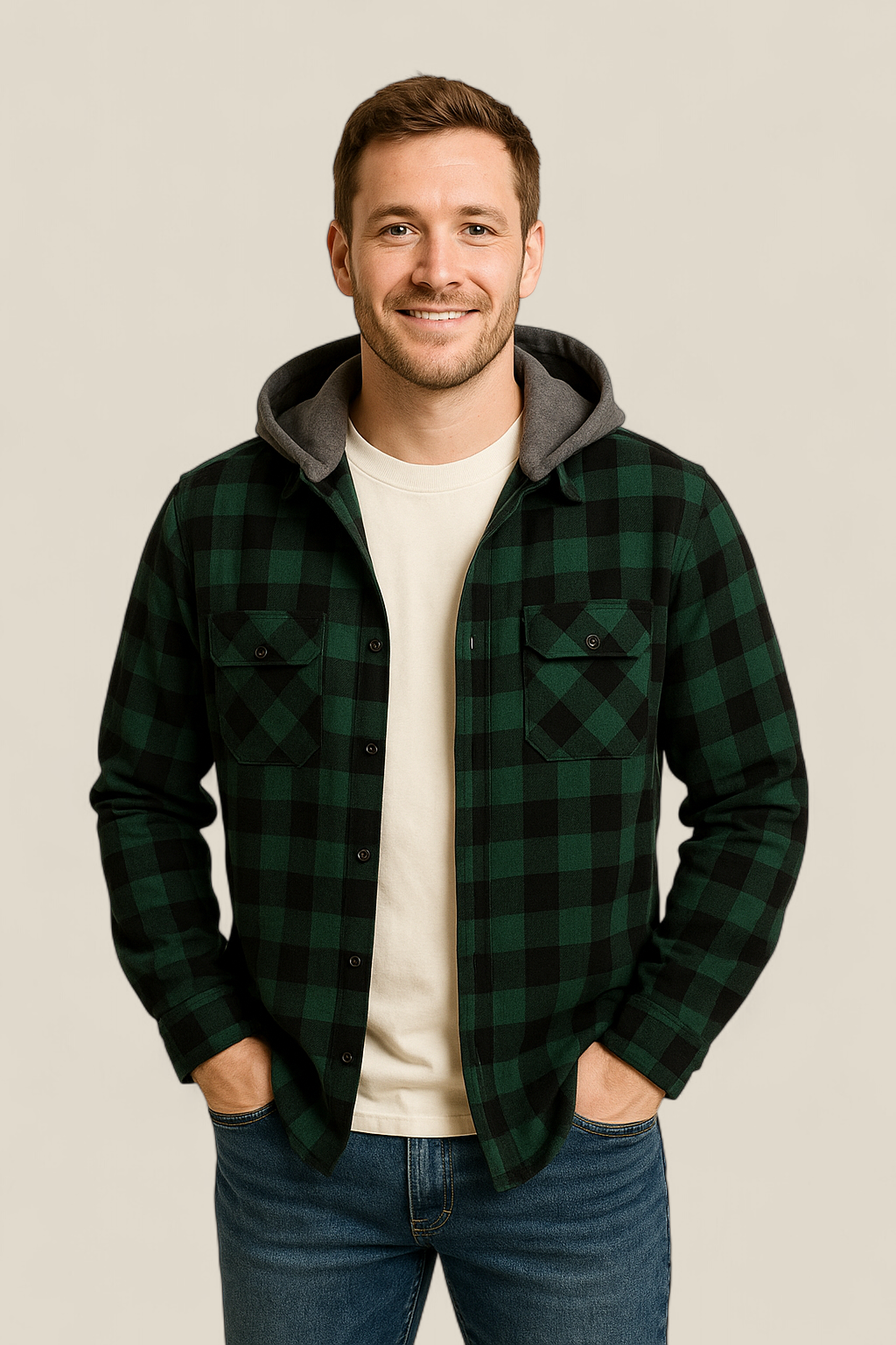 Men’s Hooded Flannel Shirt - Classic Plaid Long Sleeve Button Down Jacket