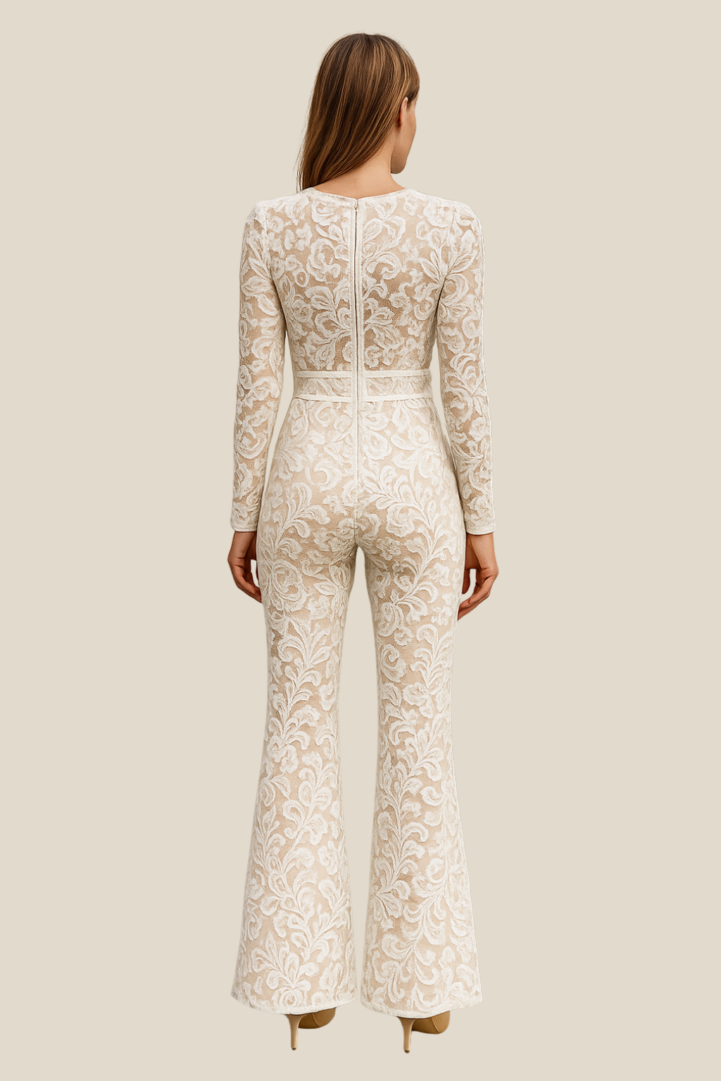 Ladies Lace Bodycon Jumpsuit, Floral Embroidered Long Sleeve Slim Winter Romper