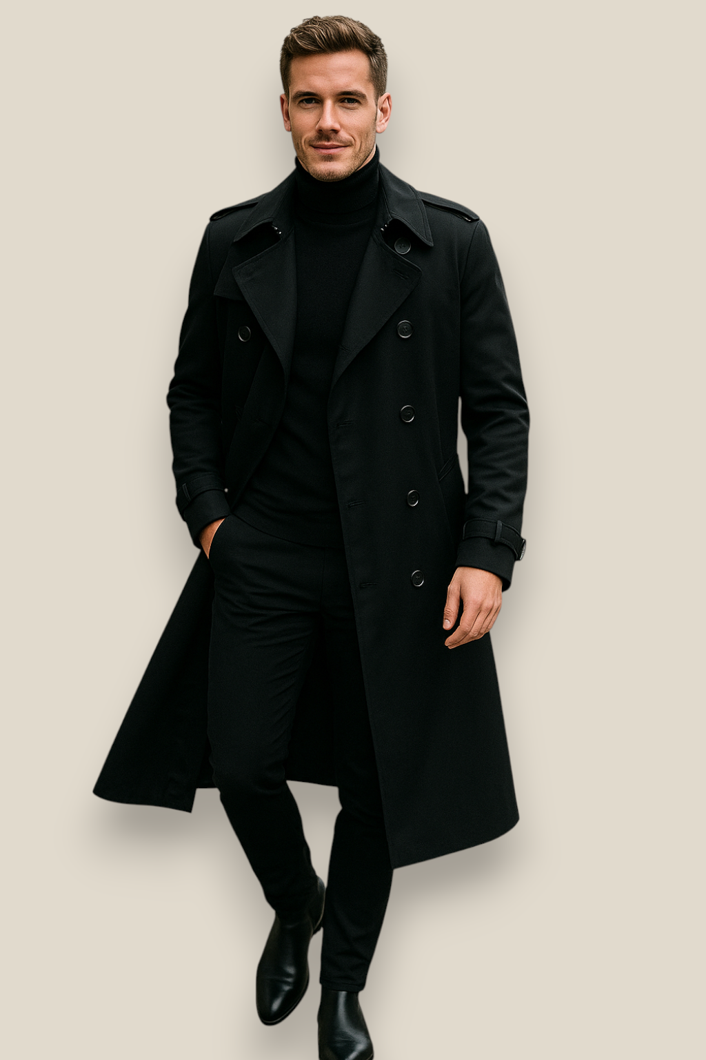 Men’s Long Trench Coat - Vintage Styled Overcoat Jacket