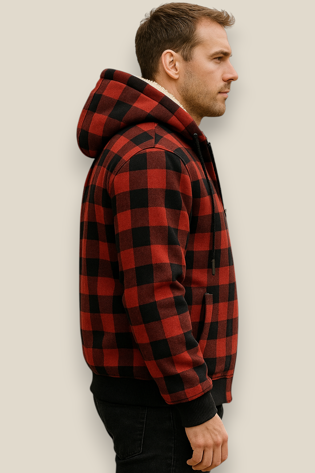 Men’s Lambswool Hooded Jacket - Checked Fleece Zip Up Cardigan