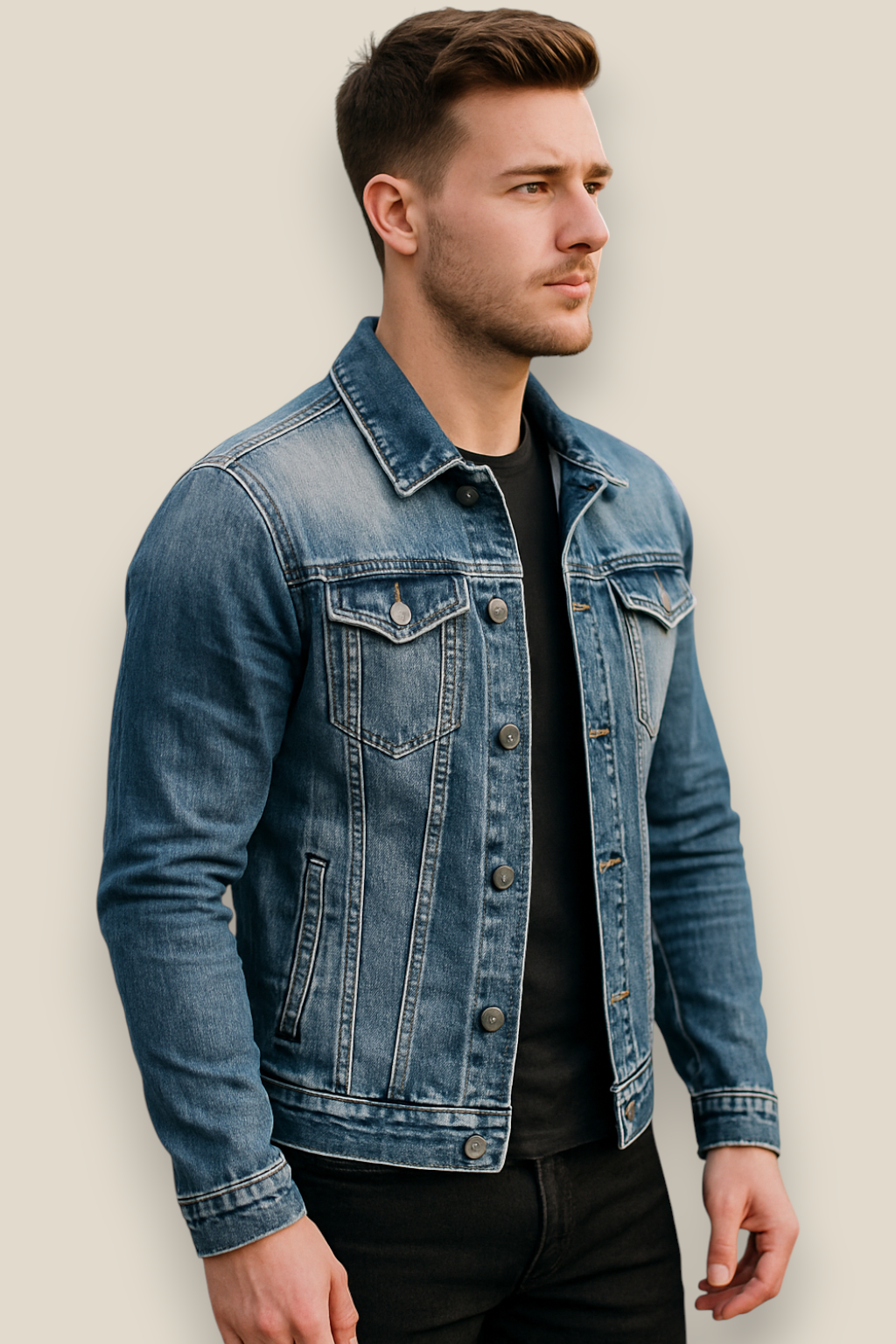 Men’s Slim Fit Denim Jacket, Collared Biker Style Coat, Casual Outerwear
