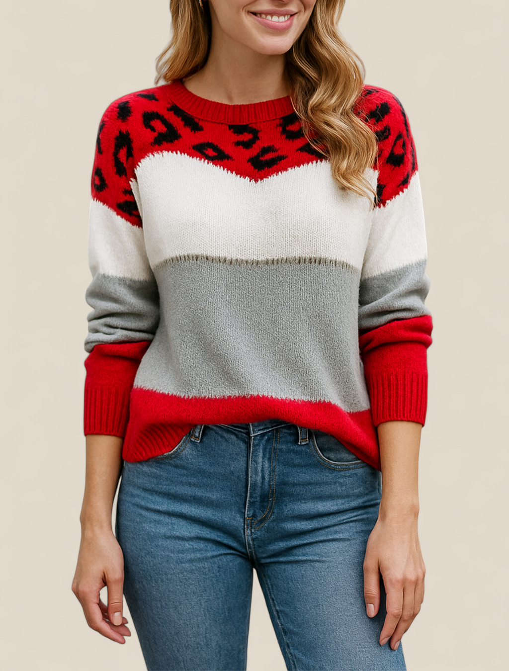 Women’s Leopard Print Jumper - Contrasting Colour Knit Winter Sweater