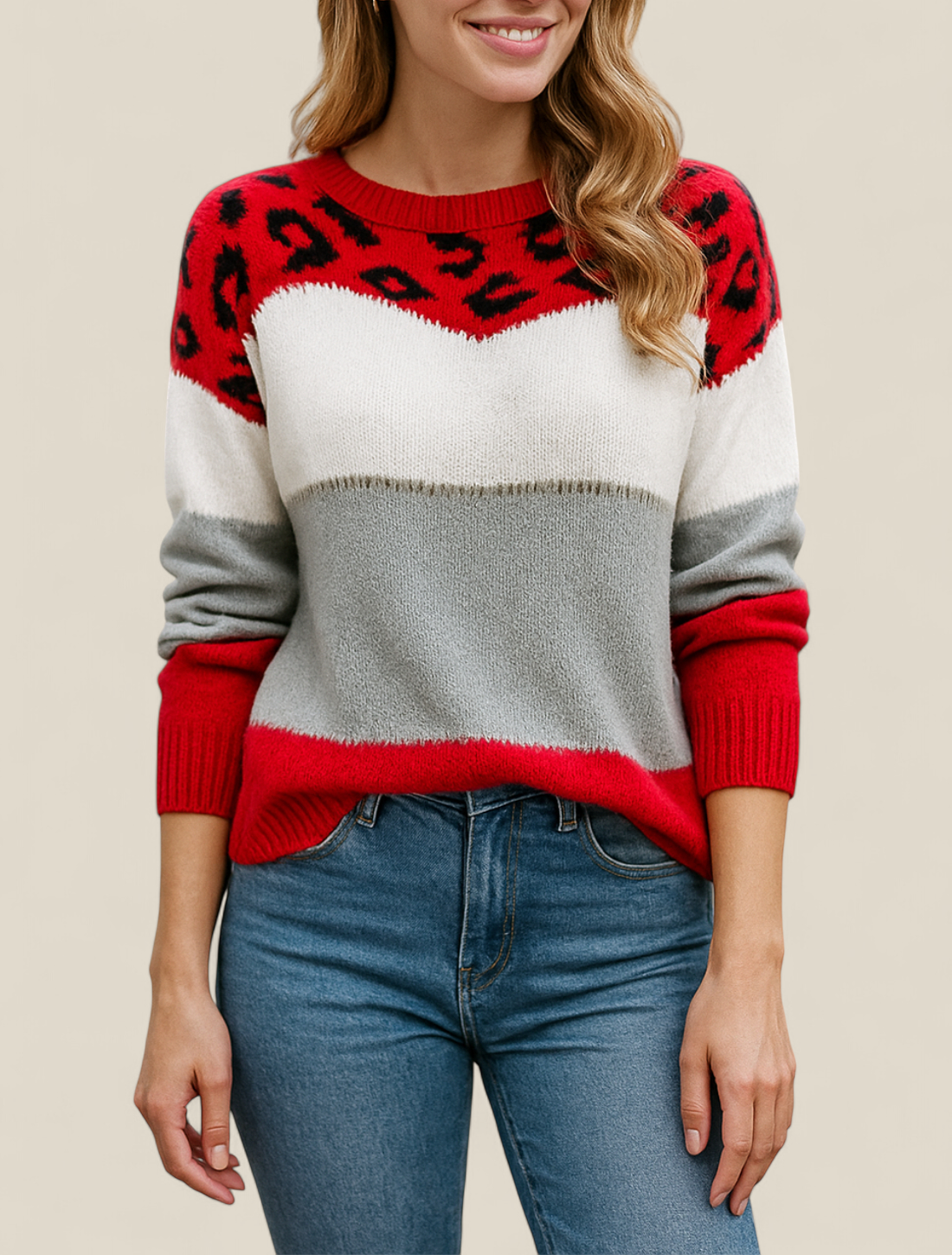 Women’s Leopard Print Jumper - Contrasting Colour Knit Winter Sweater