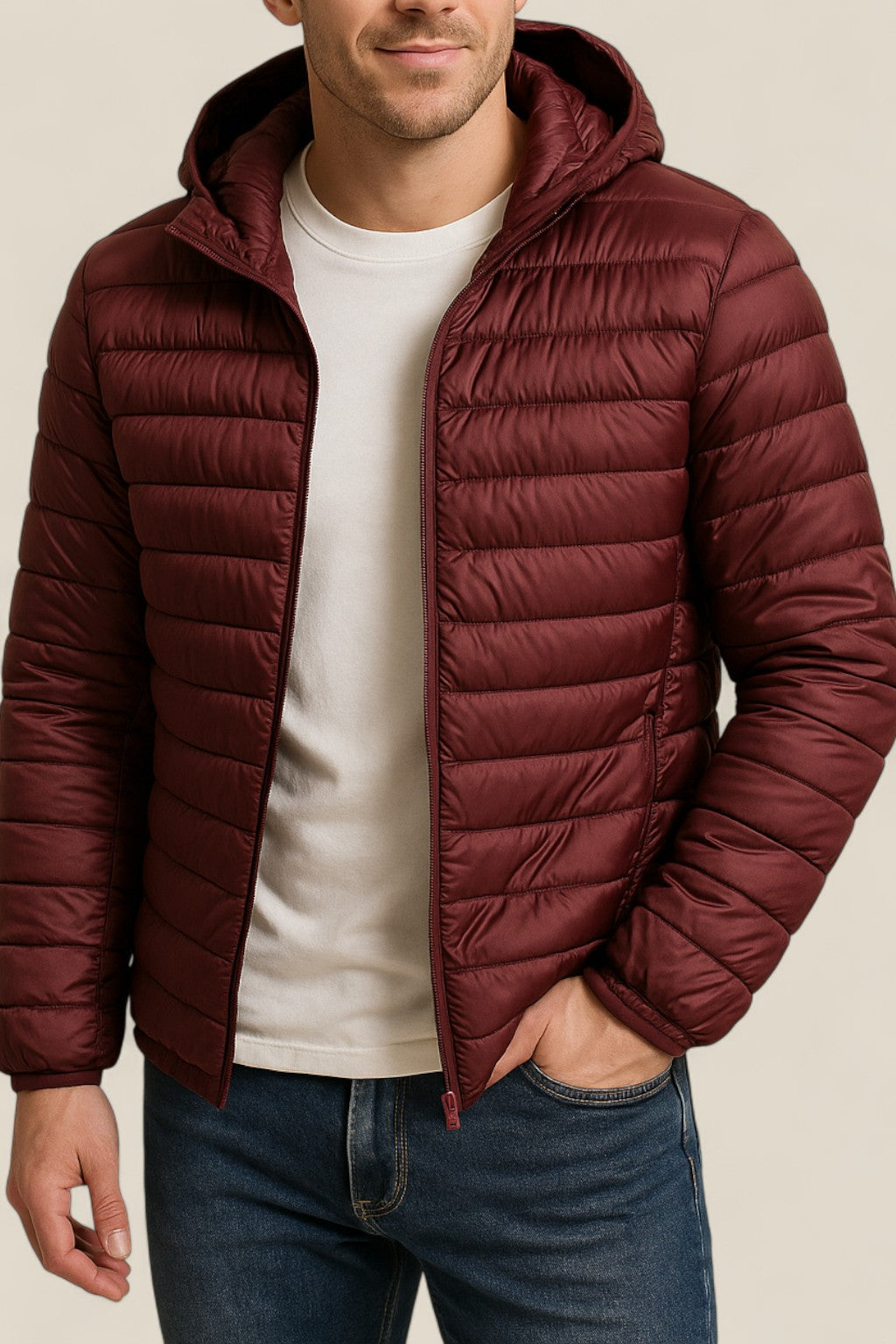 Men’s Lightweight Down Jacket, Slim Fit Hooded Puffer Coat