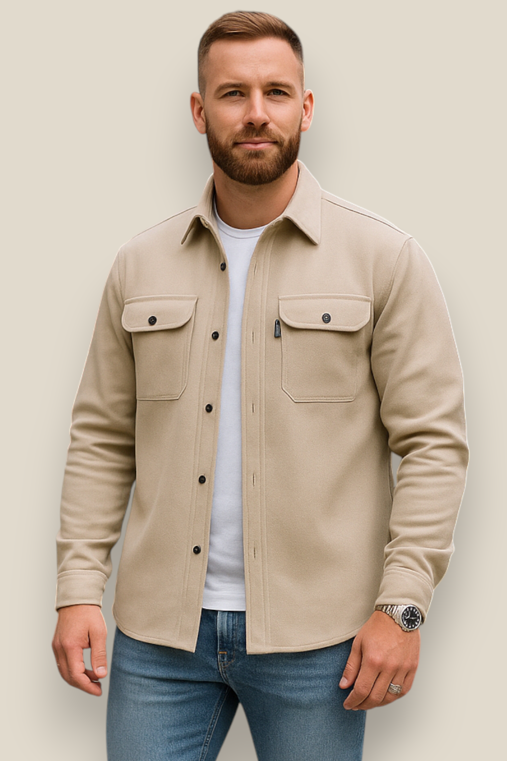 Men’s Casual Shirt Jacket - Single Breasted Long Sleeve Lapel Coat