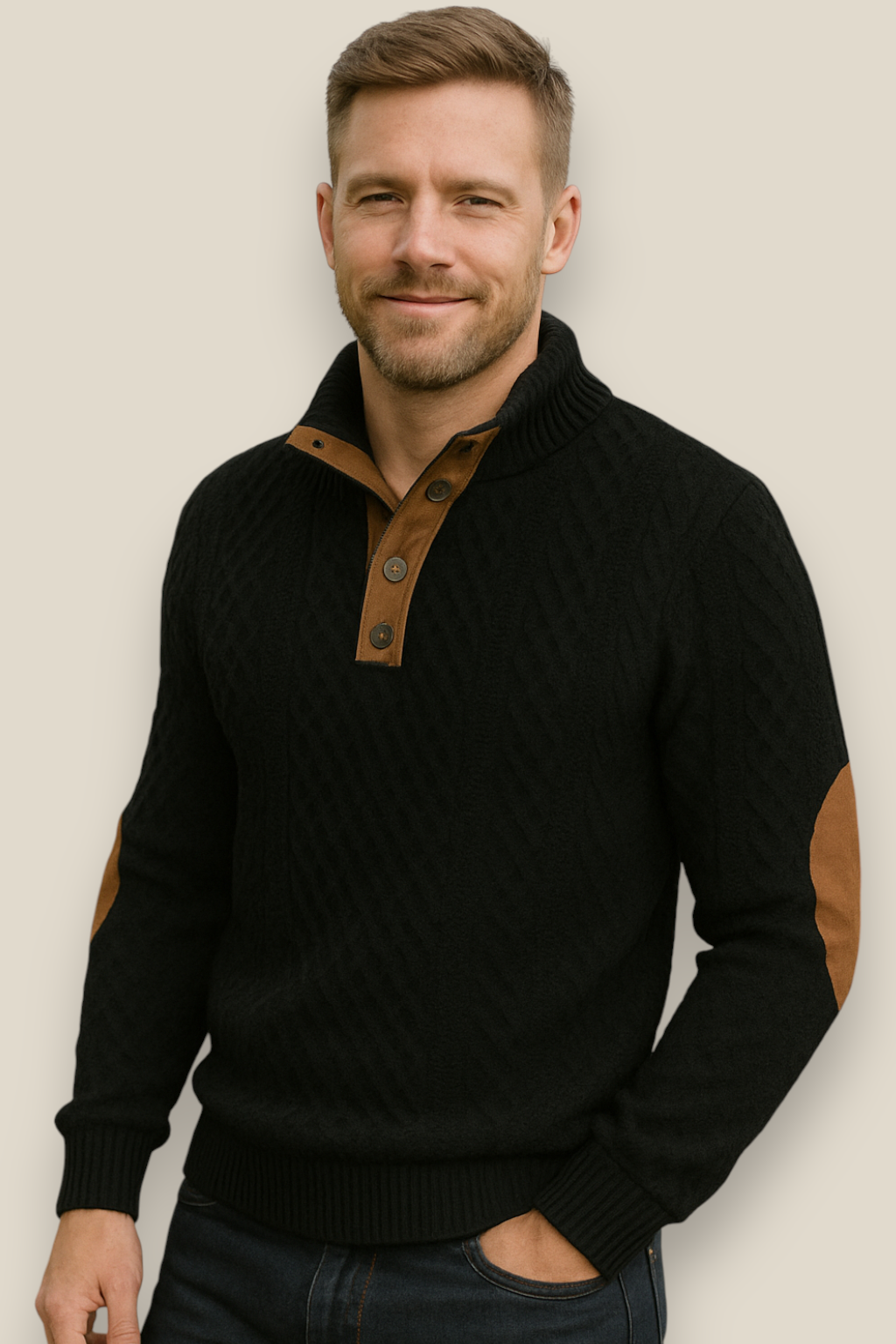 Men’s Jacquard Knit Jumper, Long Sleeve Button Sweatshirt, Casual Business Pullover