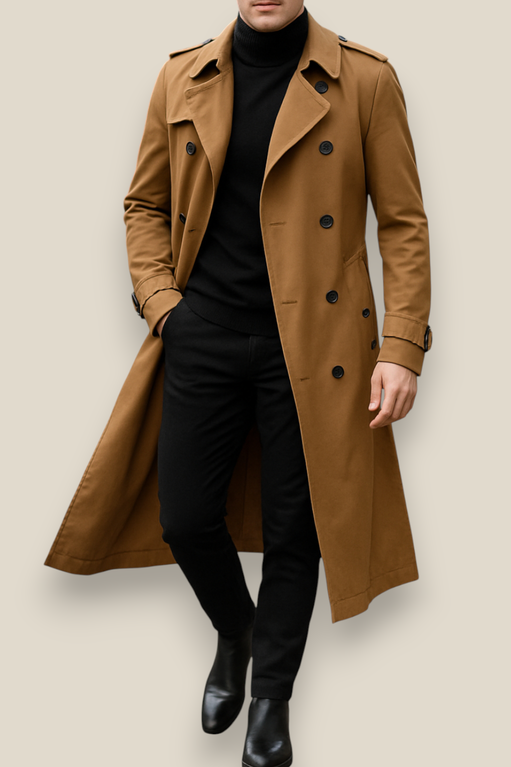 Men’s Long Trench Coat - Vintage Styled Overcoat Jacket