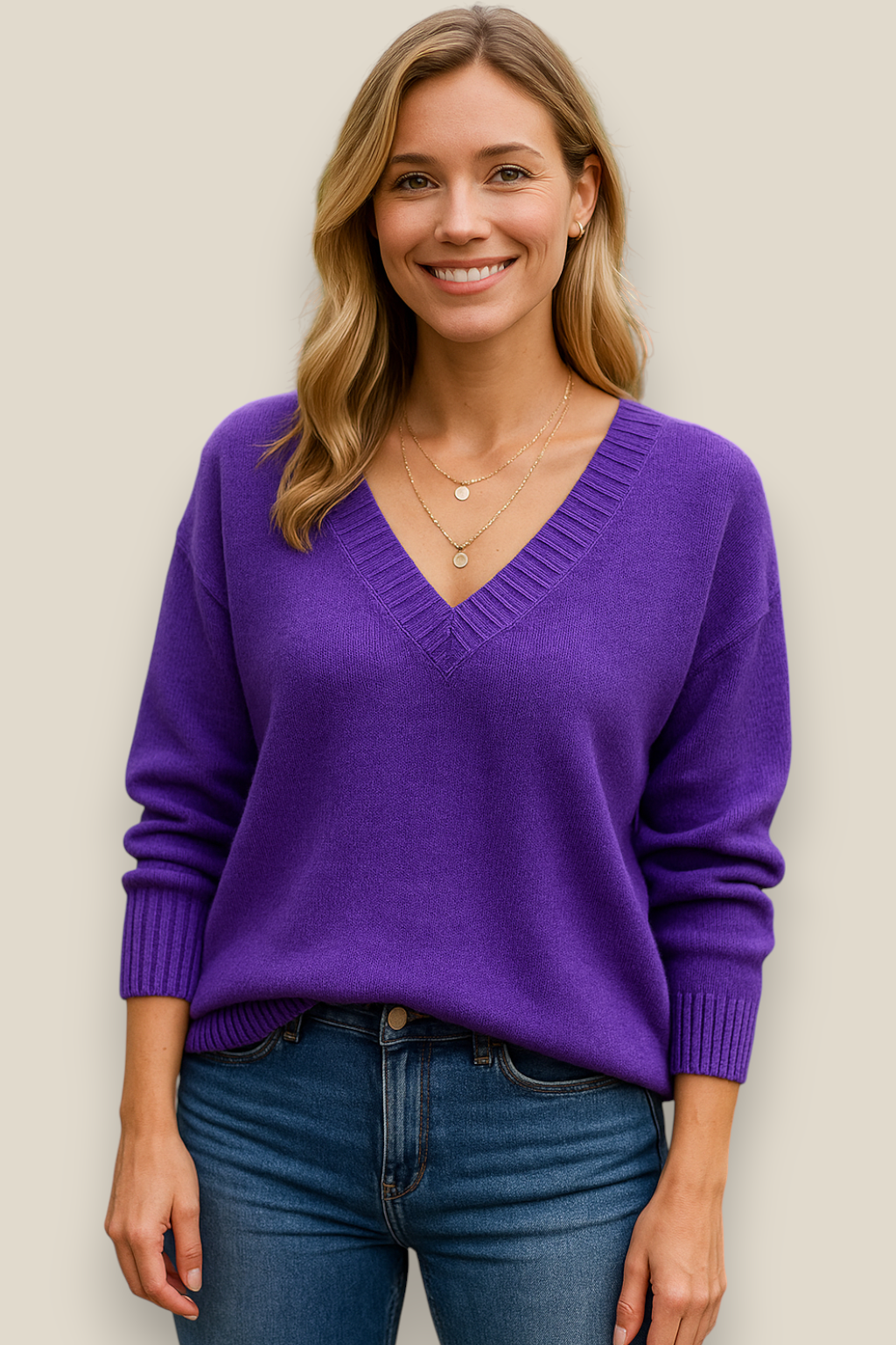 Women’s Casual Knit Jumper, Long Sleeve Winter V-Neck Sweatshirt