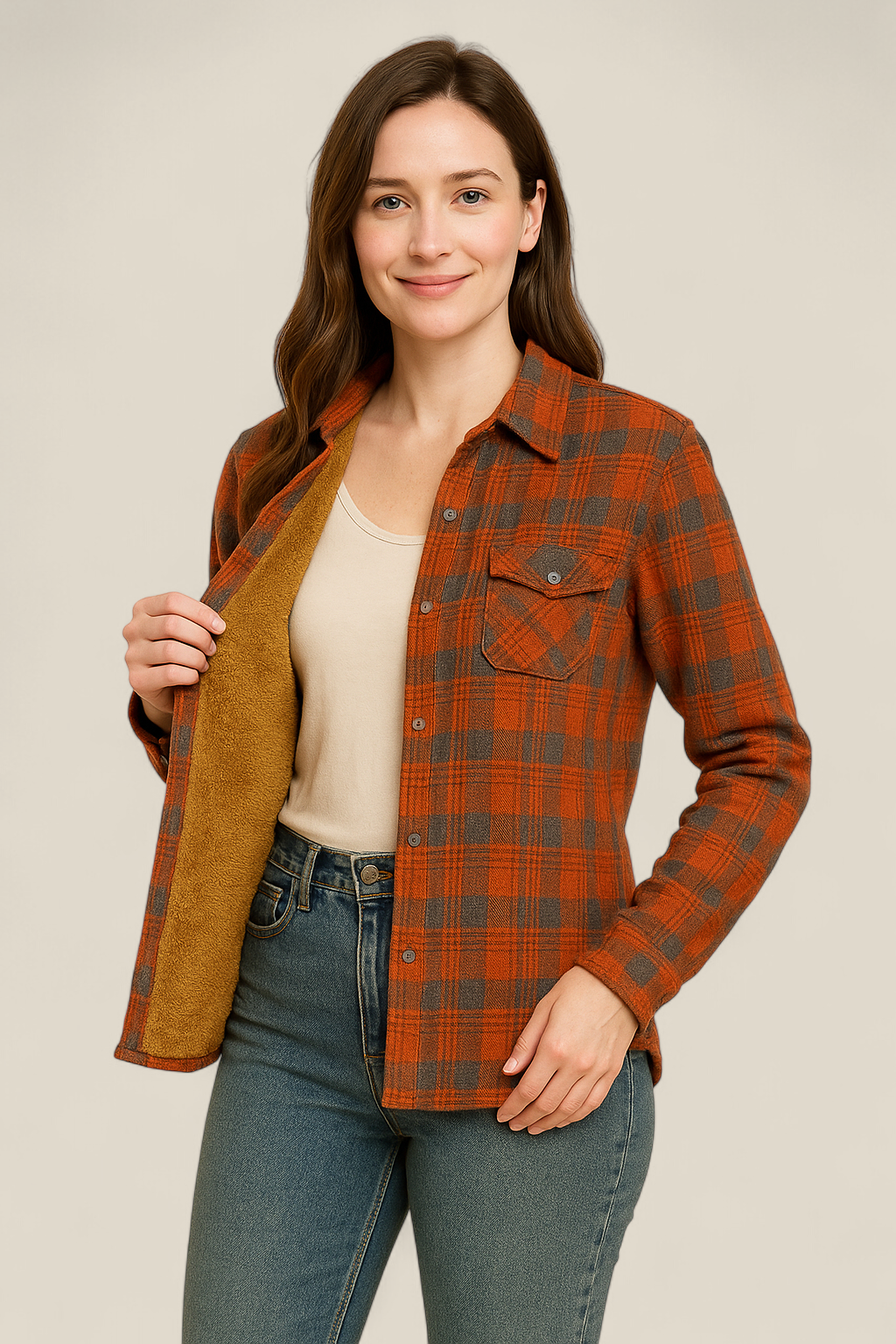 Women’s Plaid Shirt Jacket - Elegant Fleece Winter Slim Fit Blouse