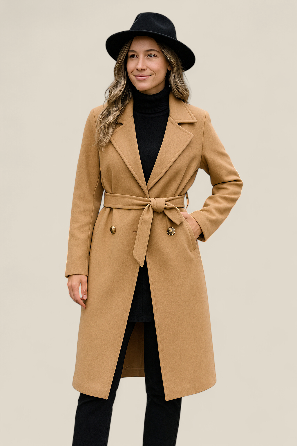 Women’s Wool Trench Coat, Double Breasted Overcoat, Belted Winter Jacket