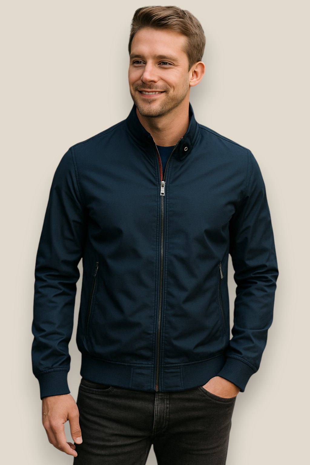 Men’s Winter Bomber Jacket, Solid Stand Collar Windbreaker, Slim Fit Casual Coat