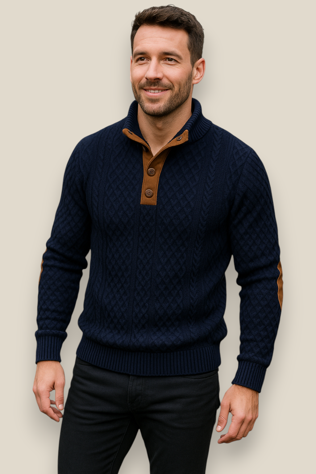 Men’s Jacquard Knit Jumper, Quilted Long Sleeve Sweater, Warm Casual Top