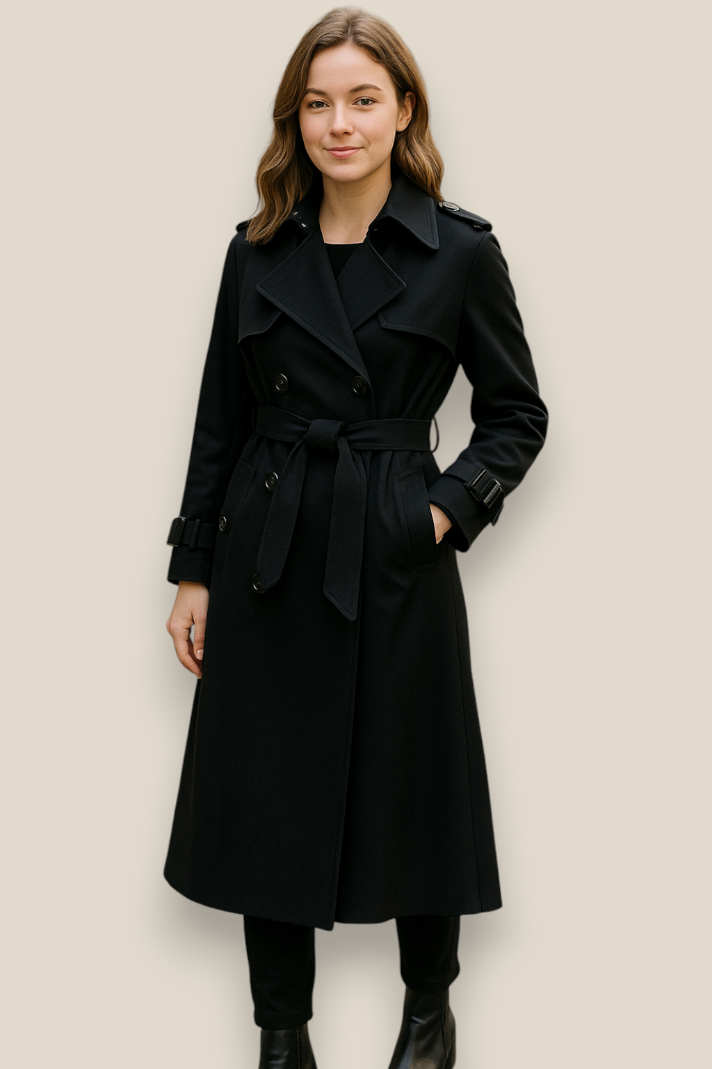 Women’s Double Breasted Trench Coat, Long British Windbreaker, Elegant Winter Overcoat