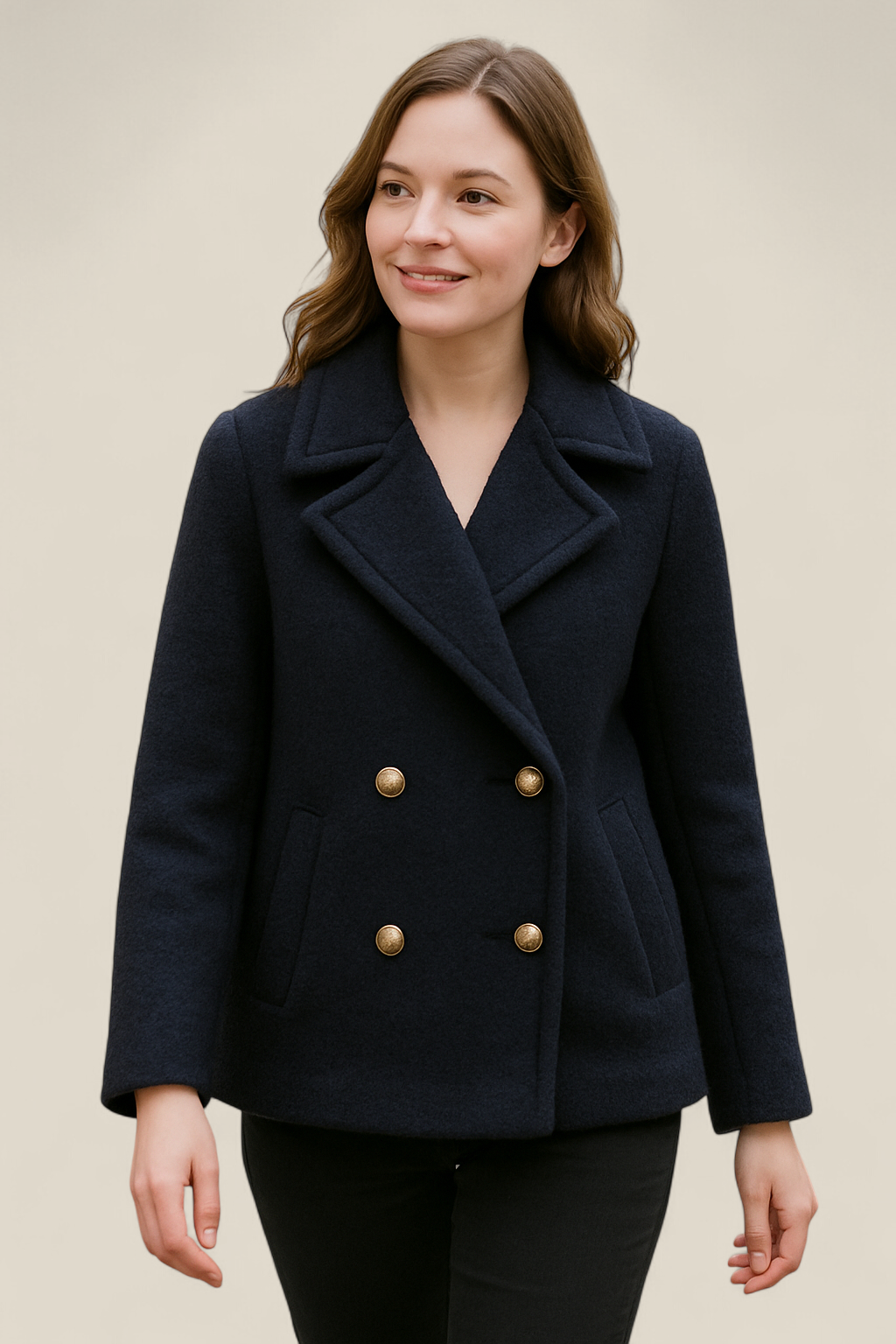 Women’s Double Breasted Coat, Pearl Button French Style Jacket, Warm Winter Top