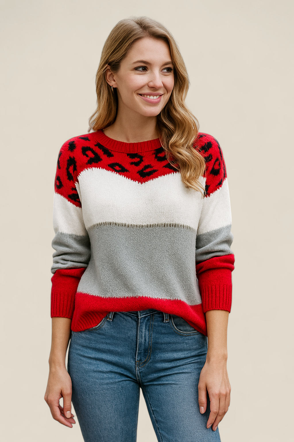Women’s Leopard Print Jumper - Contrasting Colour Knit Winter Sweater
