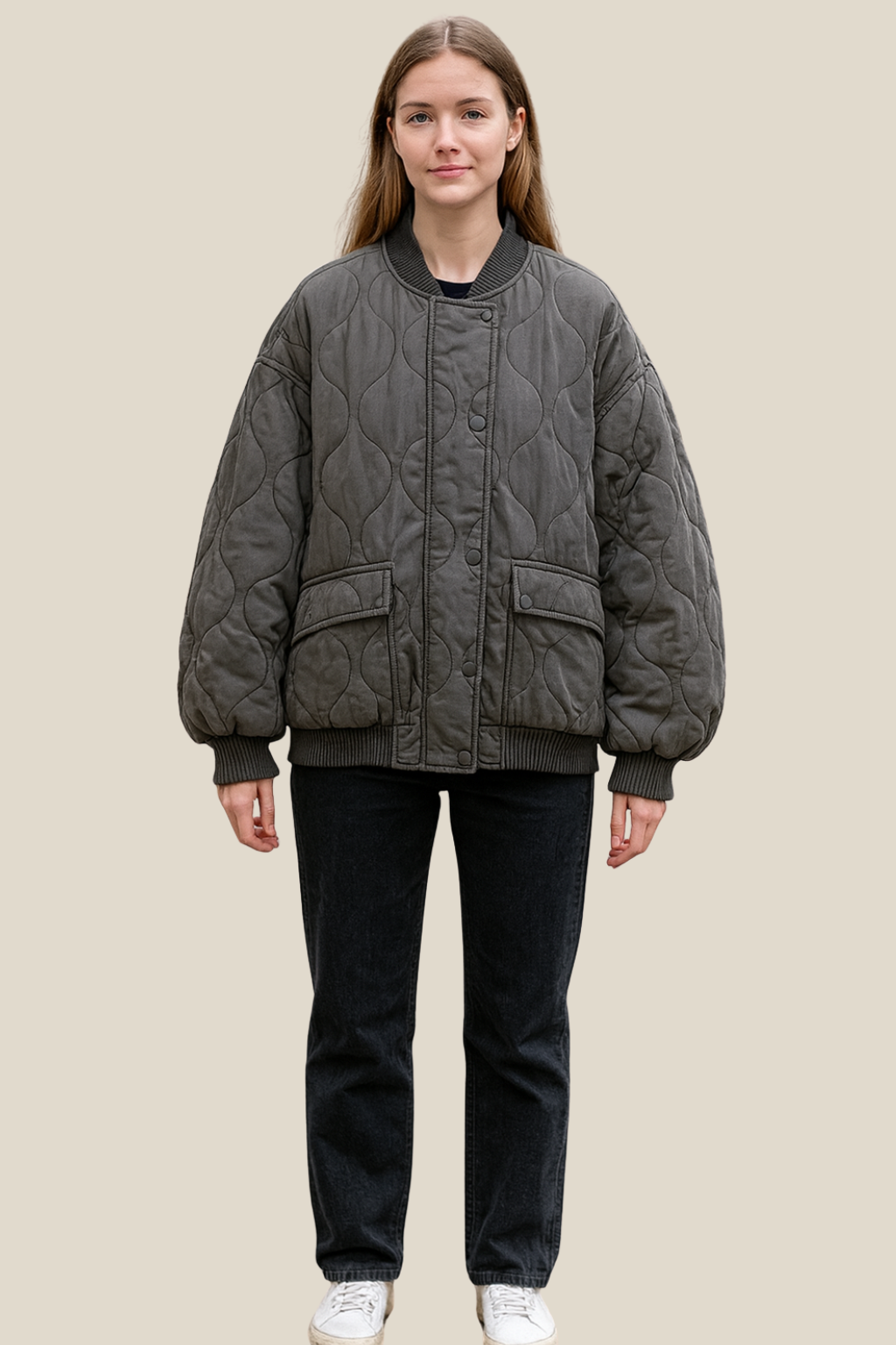 Women’s Quilted Bomber Jacket, Casual Warm Padded Winter Coat Long Sleeve With Zip