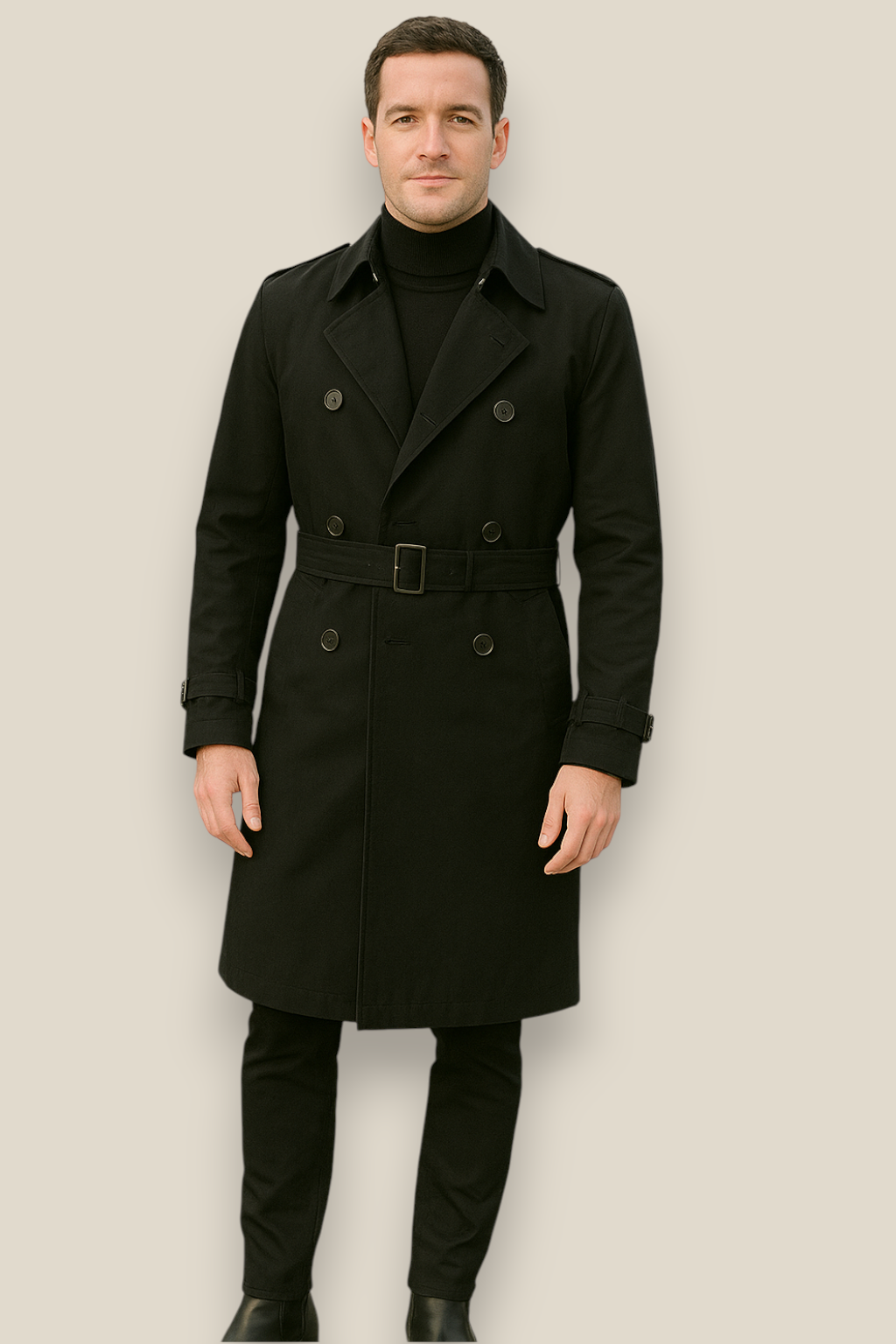 Men’s Long Trench Coat, Classic Belted Windbreaker, Warm Winter Jacket