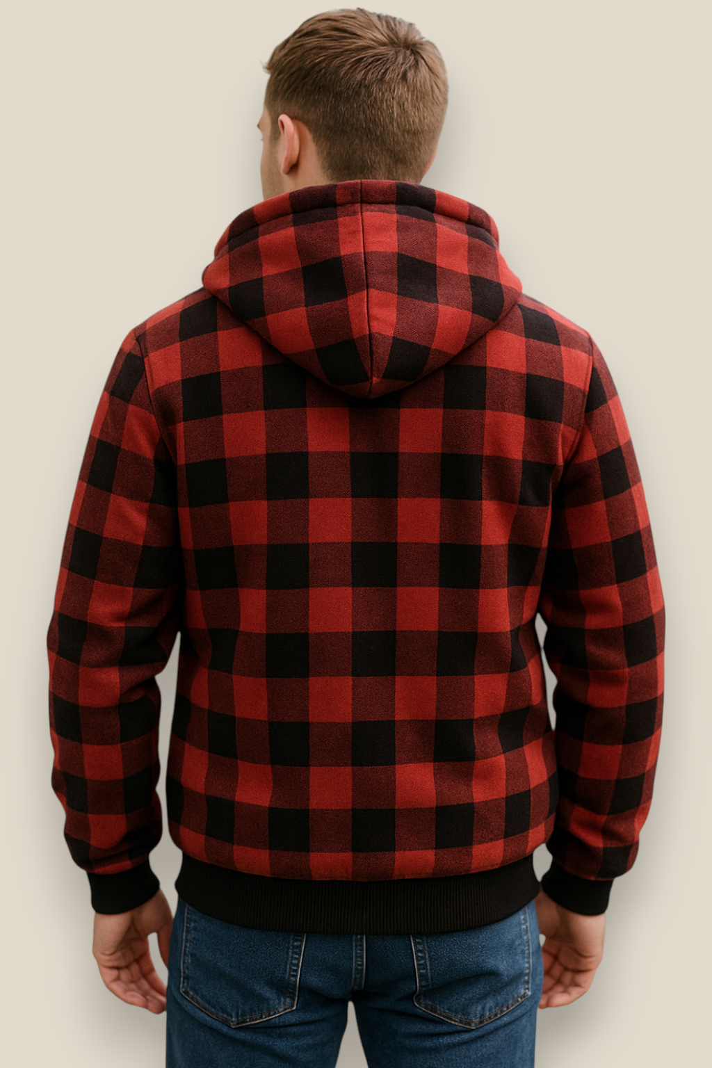 Men’s Lambswool Hooded Jacket - Checked Fleece Zip Up Cardigan