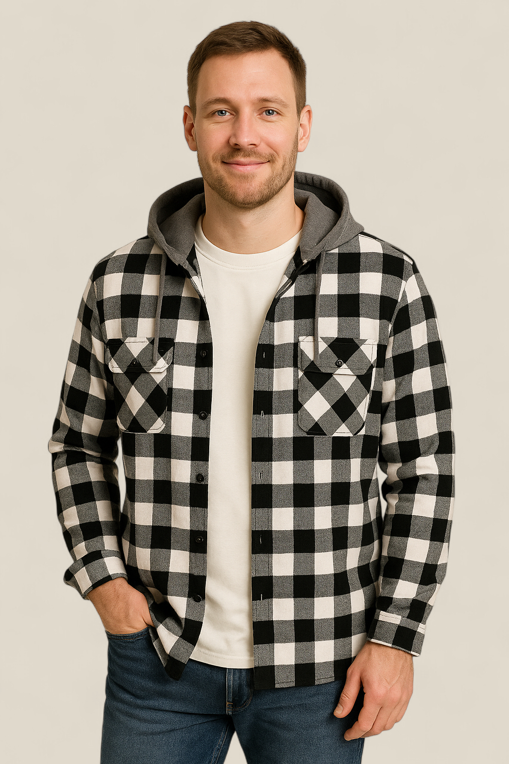 Men’s Hooded Flannel Shirt - Classic Plaid Long Sleeve Button Down Jacket