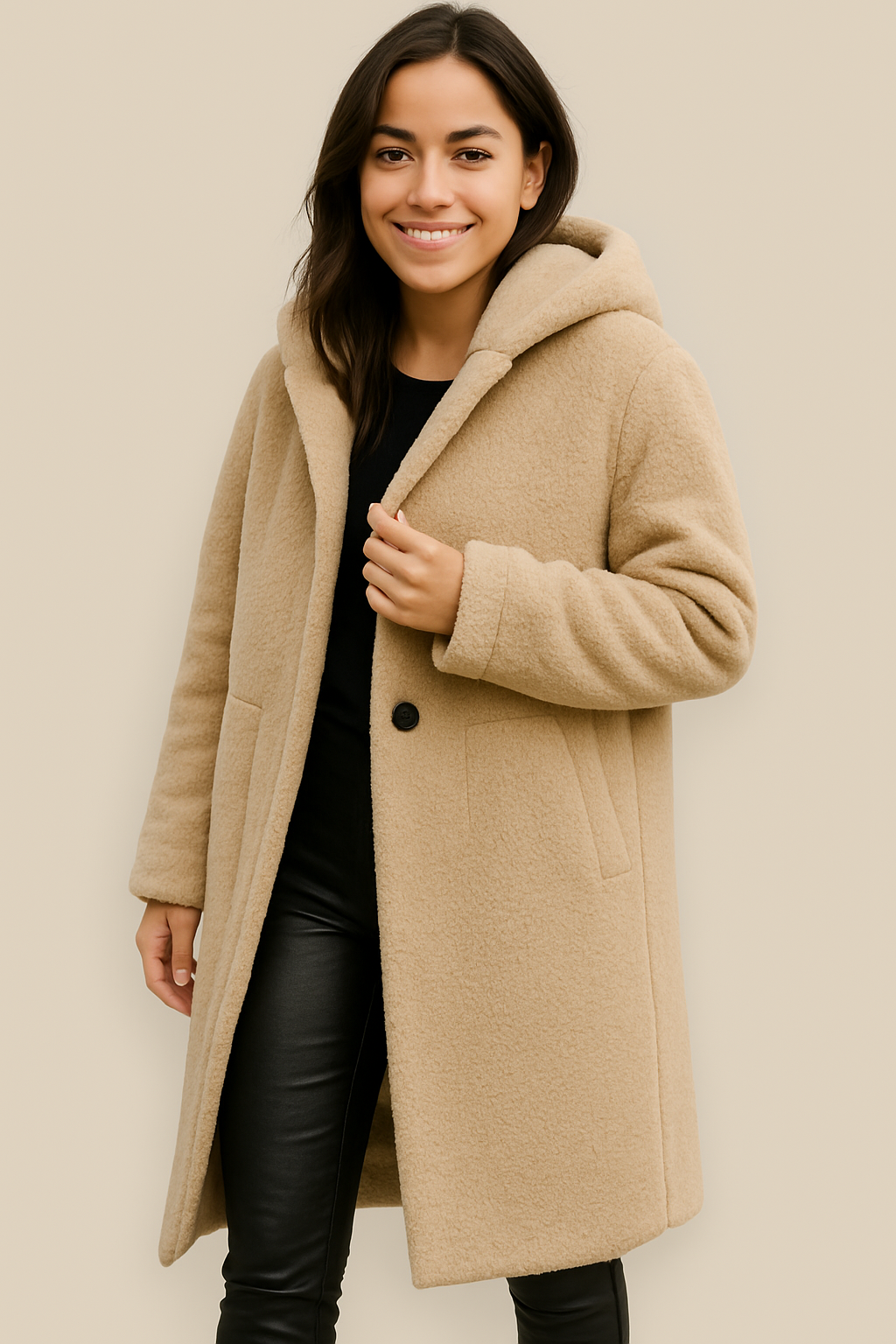 Women’s Plush Hooded Coat, Long Sleeve Single Button Jacket, Warm Winter Overcoat