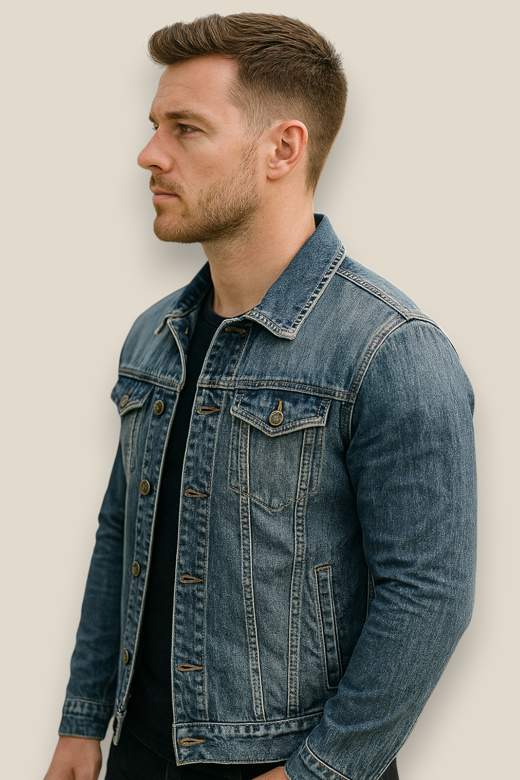 Men’s Slim Fit Denim Jacket, Collared Biker Style Coat, Casual Outerwear