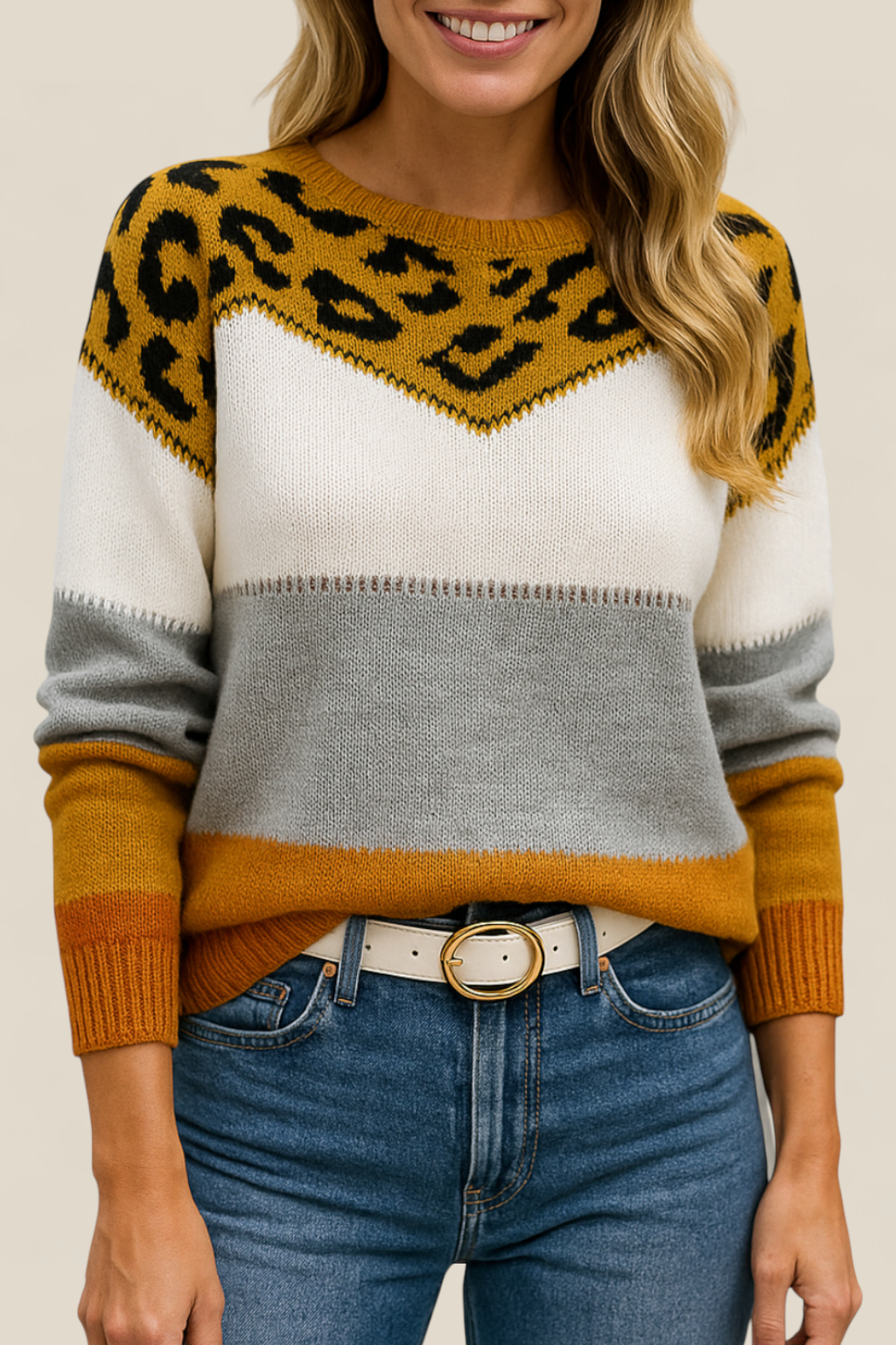 Women’s Leopard Print Jumper - Contrasting Colour Knit Winter Sweater