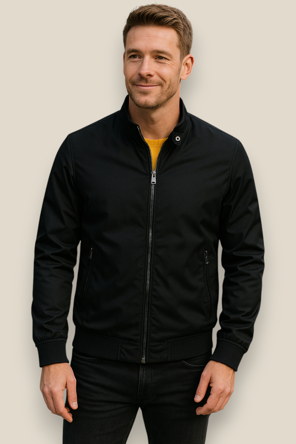 Men’s Winter Bomber Jacket, Solid Stand Collar Windbreaker, Slim Fit Casual Coat