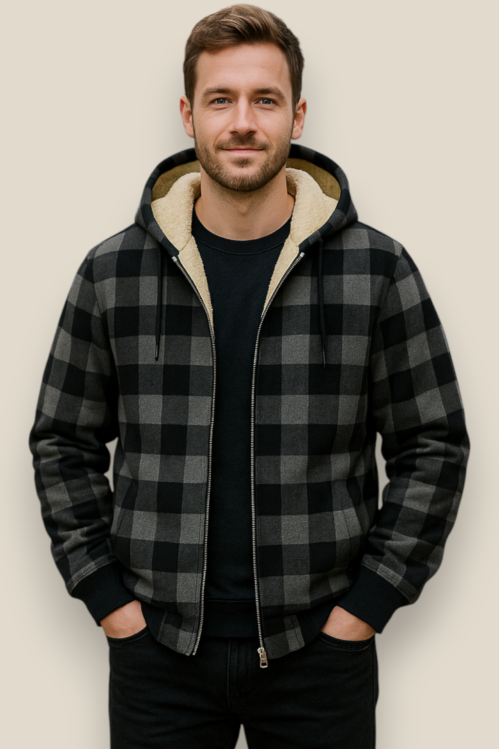 Men’s Lambswool Hooded Jacket - Checked Fleece Zip Up Cardigan