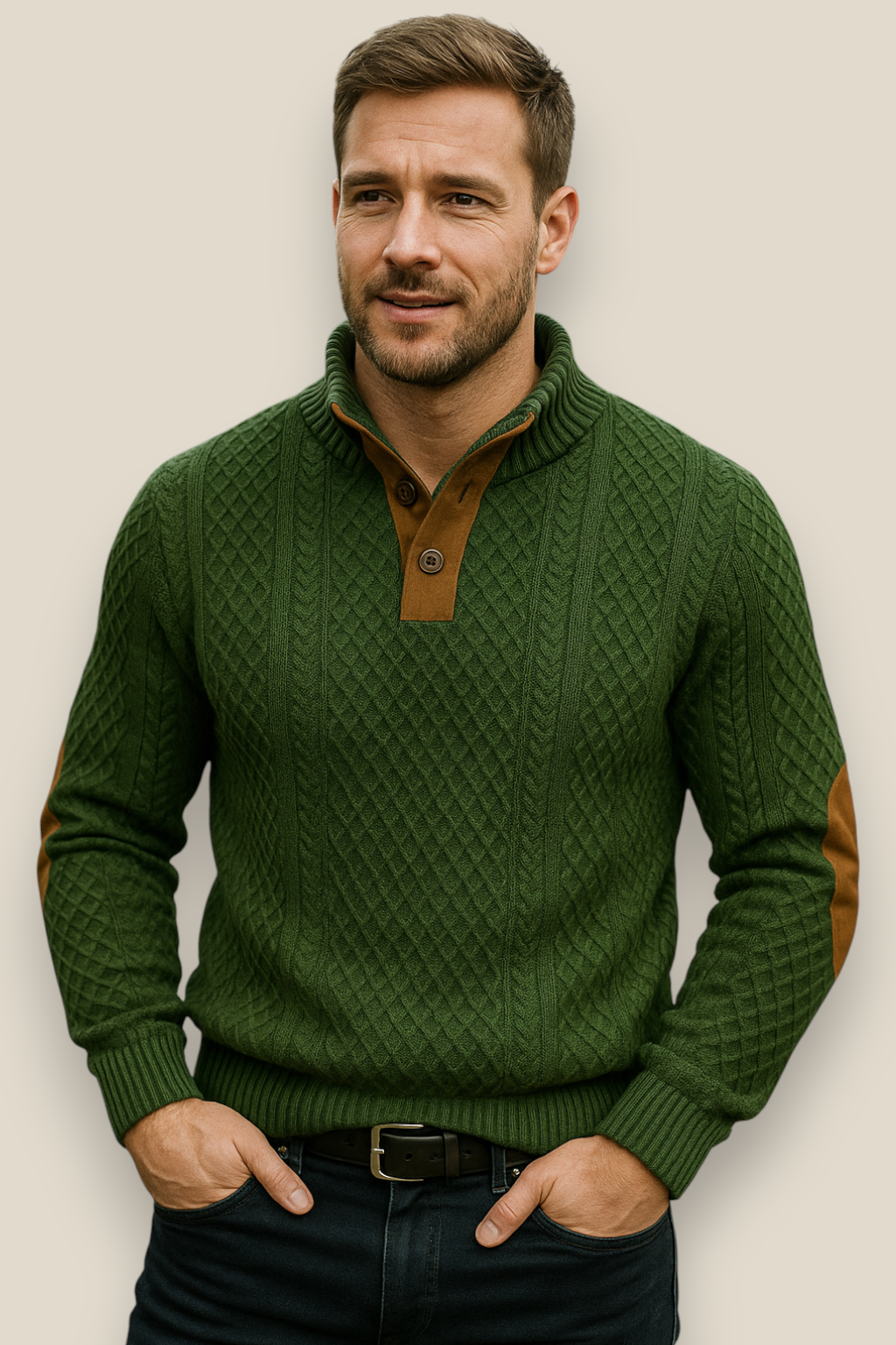 Men’s Jacquard Knit Jumper, Long Sleeve Button Sweatshirt, Casual Business Pullover