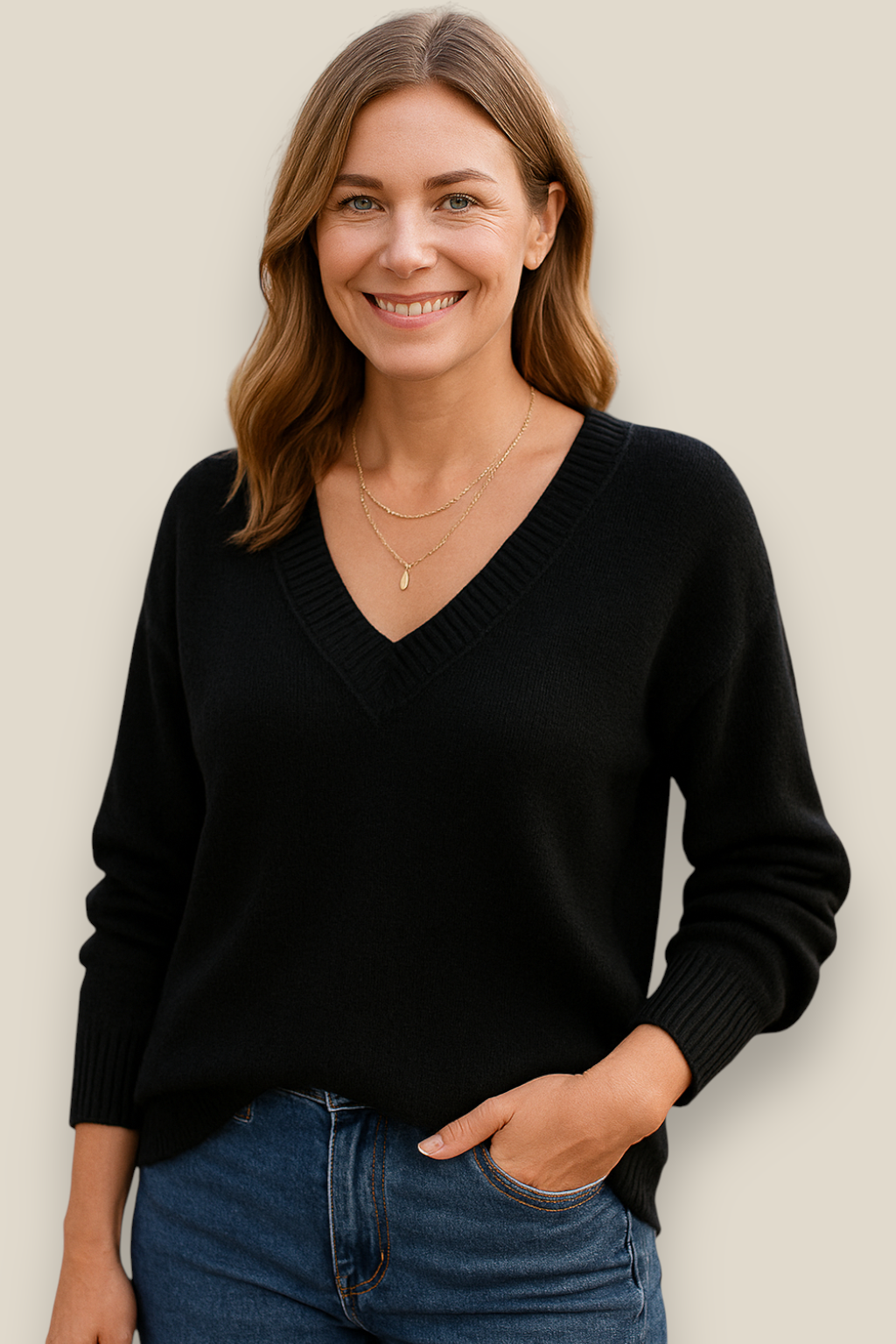 Women’s Casual Knit Jumper, Long Sleeve Winter V-Neck Sweatshirt