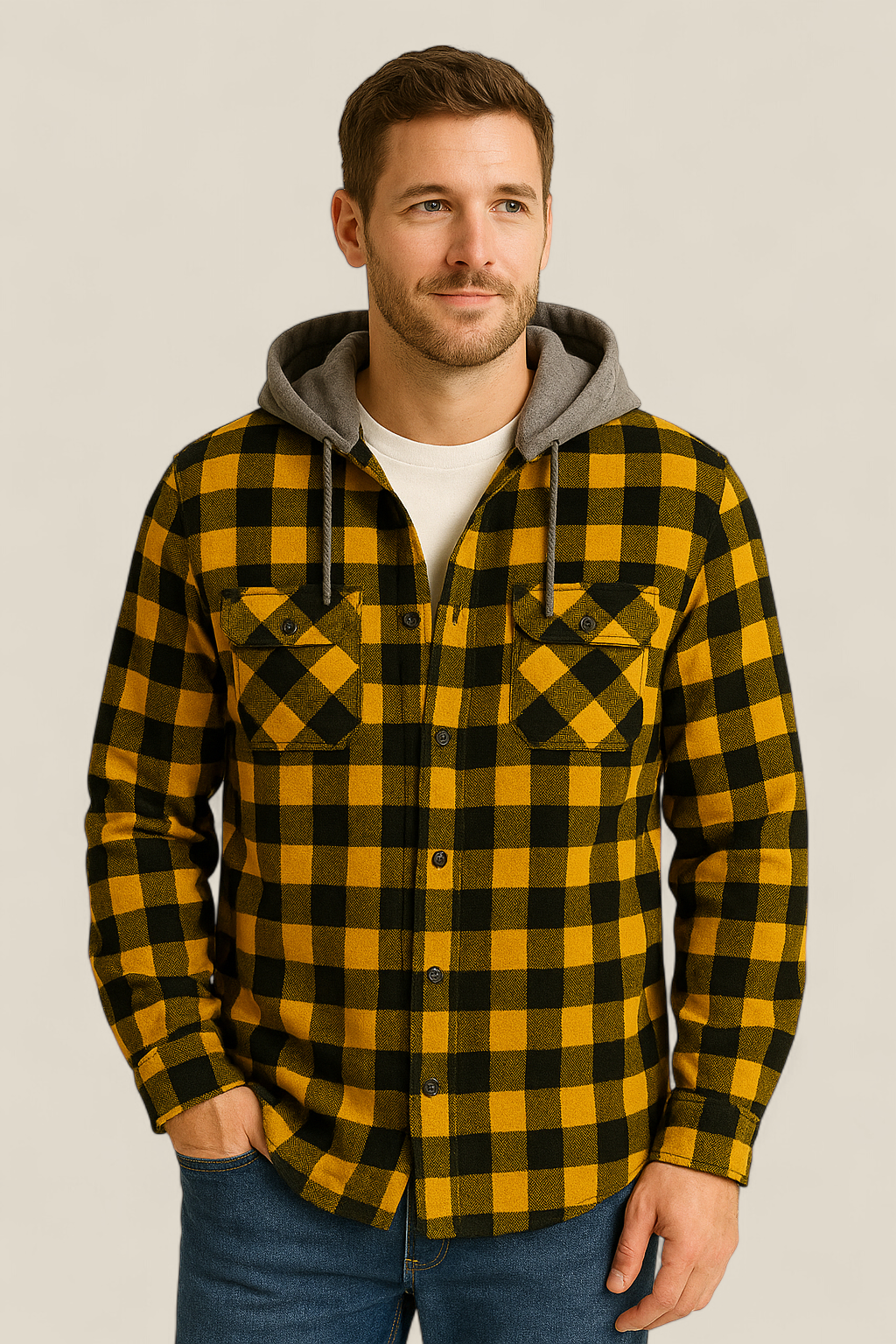Men’s Hooded Flannel Shirt - Classic Plaid Long Sleeve Button Down Jacket