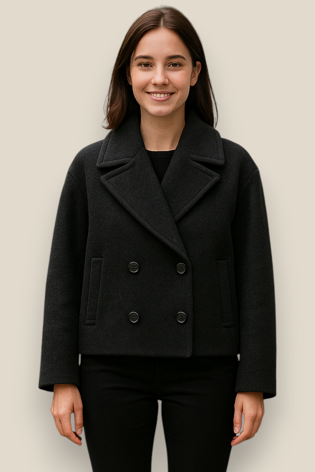 Women’s Double Breasted Wool Coat - Long Sleeve Winter Jacket