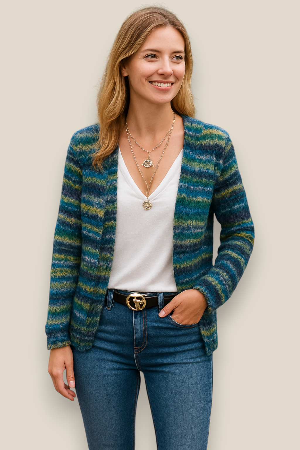 Women’s Knitted Cropped Cardigan, Relaxed Fit Sweater Jacket, Elegant Striped Top