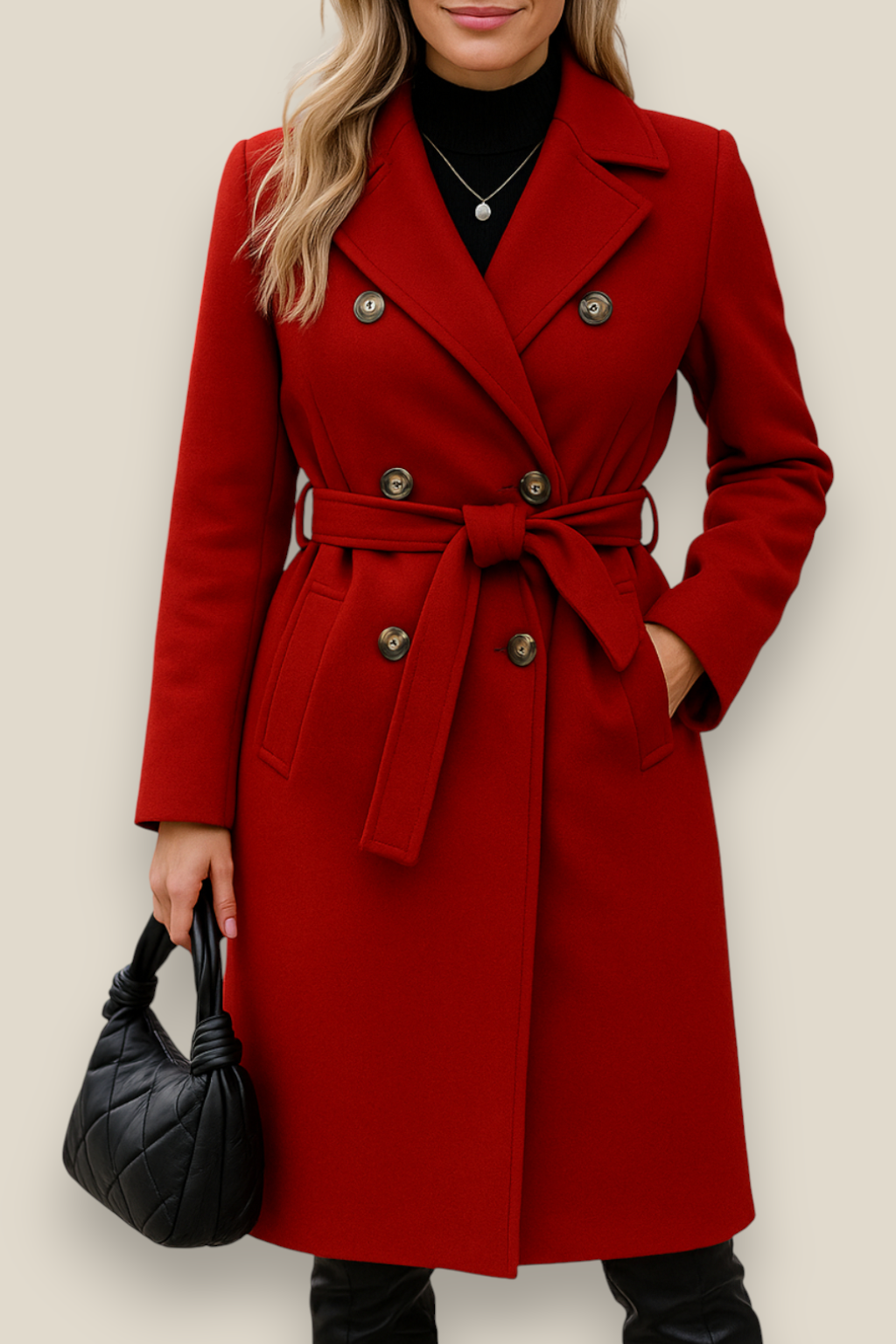 Women’s Belted Wool Coat - Double Breasted Elegant Long Sleeve Jacket