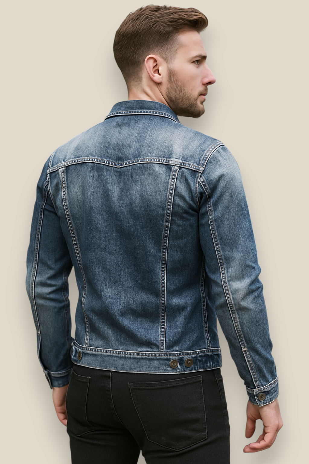 Men’s Slim Fit Denim Jacket, Collared Biker Style Coat, Casual Outerwear
